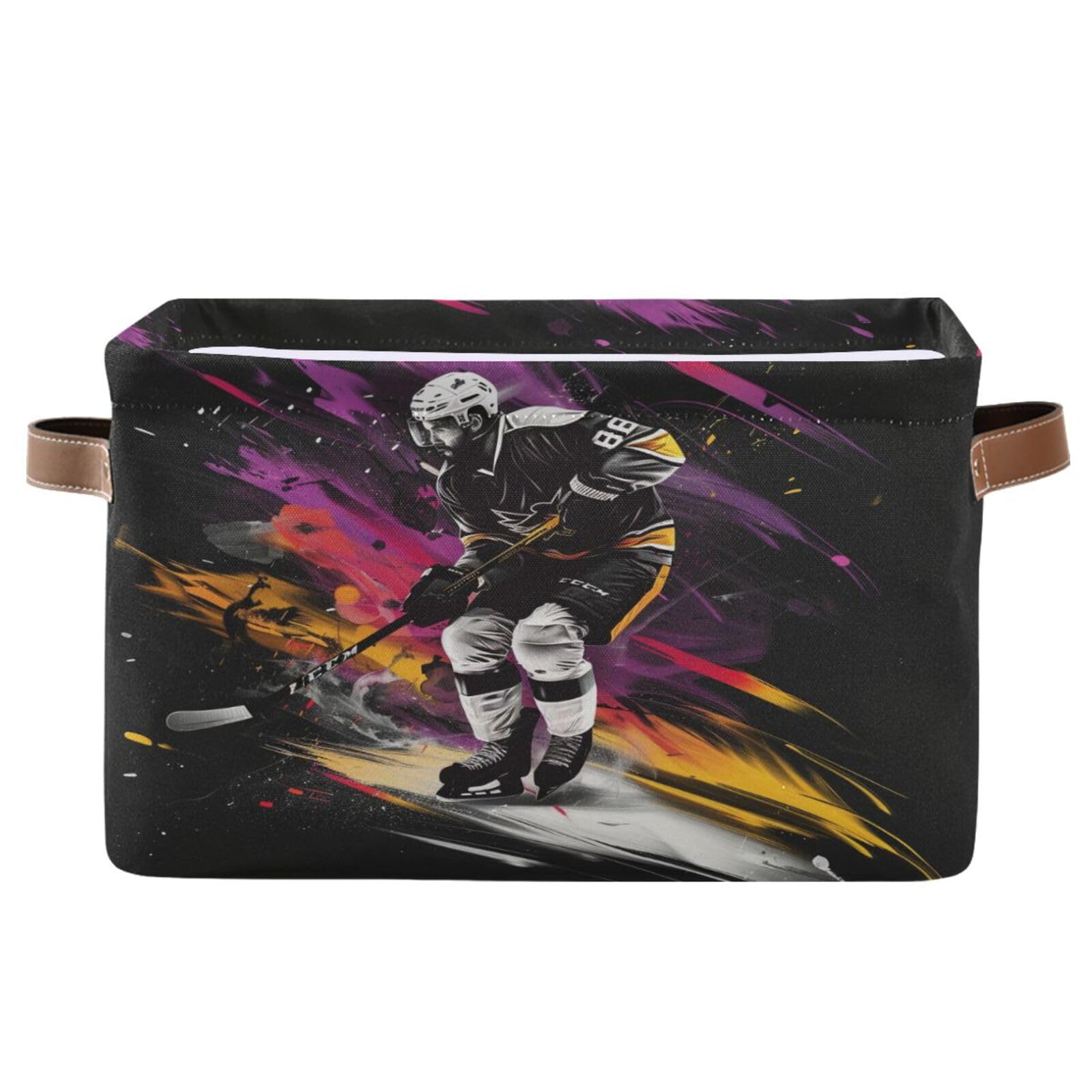 Large Storage Basket Ice Hockey Player in Action Foldable Storage Box Organizer Bins with Handles for Bedroom Home Office