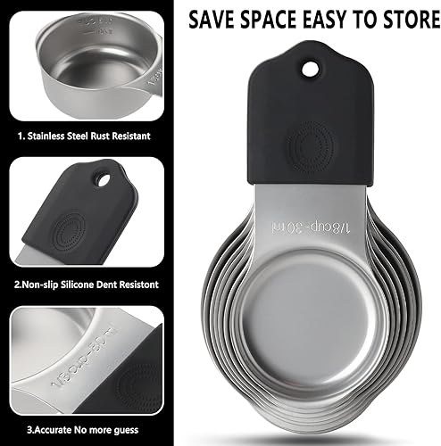 Miniatura 3 de Juego de 7 tazas medidoras magnéticas apilables de acero inoxidable para cocinar y hornear, ingredientes secos y líquidos (negro)