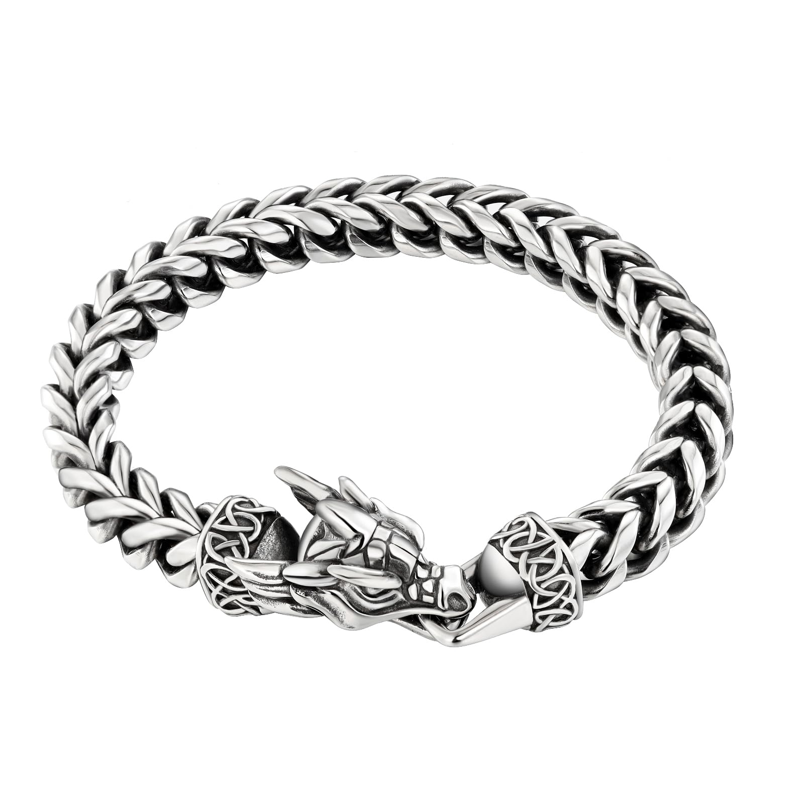 Viking Dragon Bracelet for Men, 316L Stainless Steel Cuban Link Chain 10mm Width, 8 Inch Length, Vintage Silver/Black/Steel/Gold, Punk Norse Jewelry Gifts for Him Husband