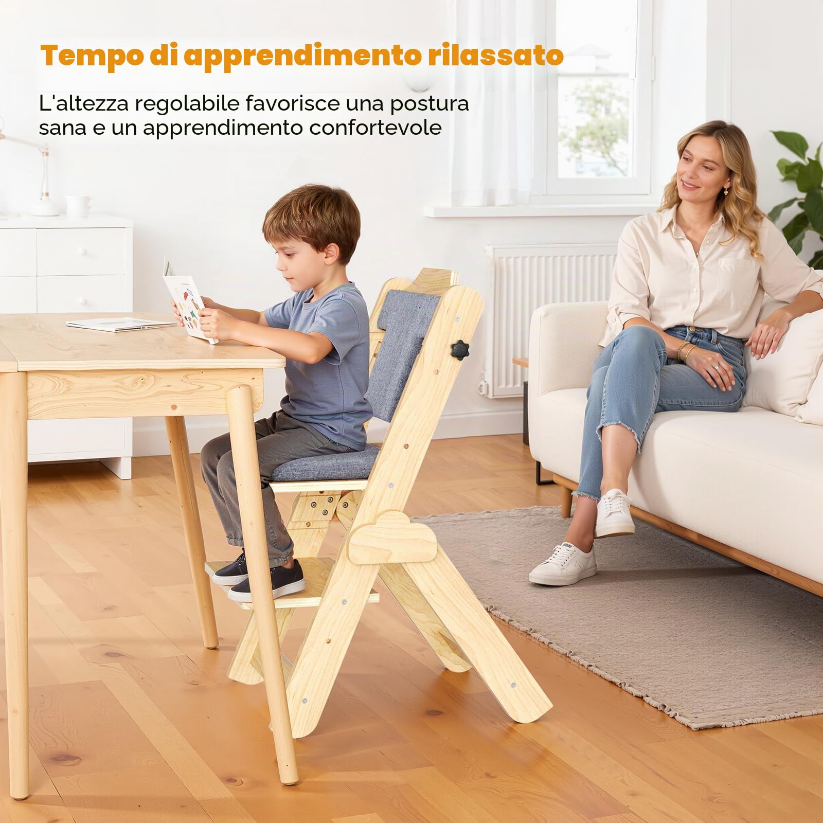 Seggiolone Pappa Legno, 2 in 1 Seggiolone Evolutivo, Sedia Ergonomica con Cintura a 5 Punti e Spartigambe Regolabili, Facile da Pulire, Natural Wood + Cuscino per Bambini 6+ Mesi
