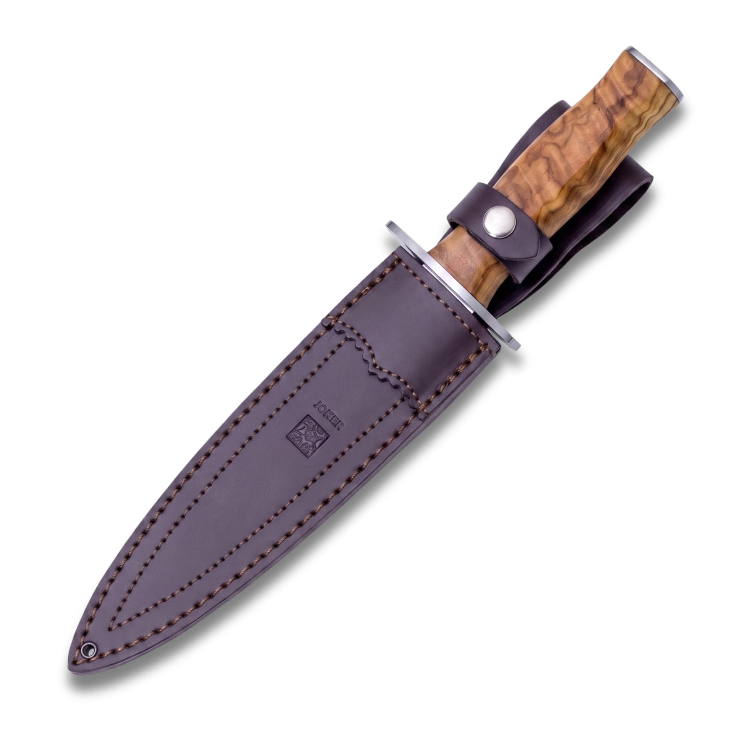 Joker Jagdmesser Colmillo CO108, Klinge 21,5 cm MOVA Stahl, Gürtelmesser mit Olivenholznholzgriff, brauner Lederscheide, Werkzeug zum Angeln, Jagen, Camping und Wandern