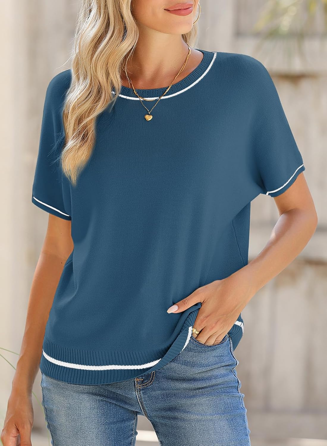 SHEWIN Womens Tops Trendy Casual Short Sleeve Shirts Crewneck Lightweight Knit Sweater Top