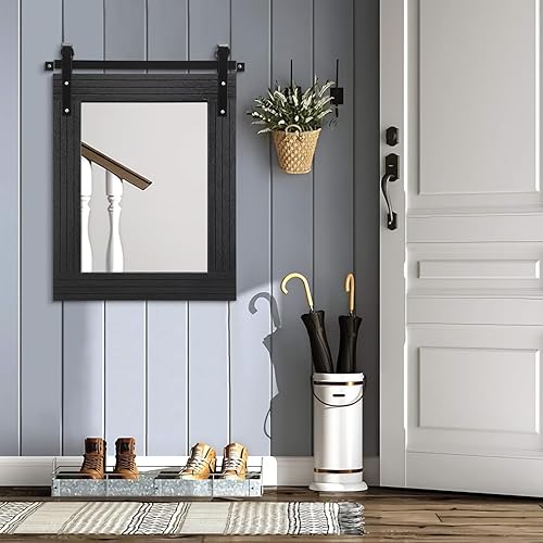 Miniatura 7 de AAZZKANG Espejo negro grande de 26 x 18 pulgadas, espejo rústico para puerta de granero con marco de madera, rectangular, decorativo, baño,