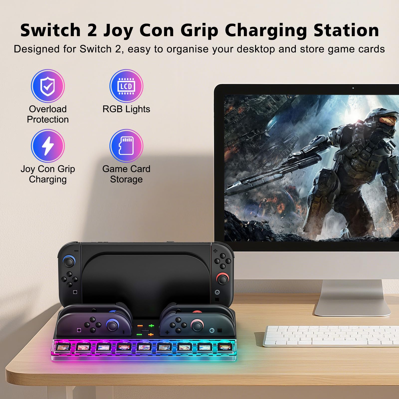 Stazione di Ricarica Joy Con Switch 2 (2025), Stazione di Ricarica per Controller Switch 2 con 7 Luci RGB, Ricarica 4 Impugnature Switch 2, Contiene 9 Schede di Gioco Switch e Accessori per Console Sw