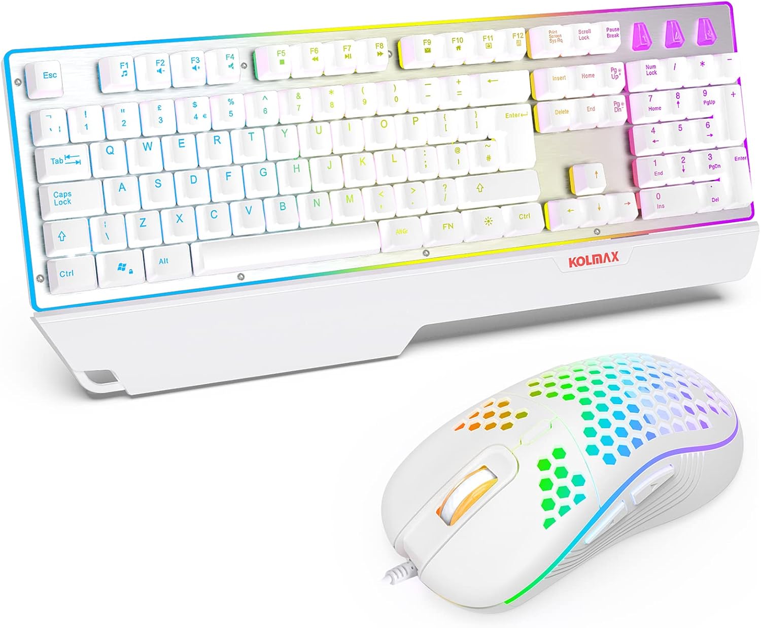 Combo de teclado y ratón para juegos blanco con luces de colores, teclado retroiluminado LED arco iris con reposamuñecas ergonómico desmontable, oficina, juegos