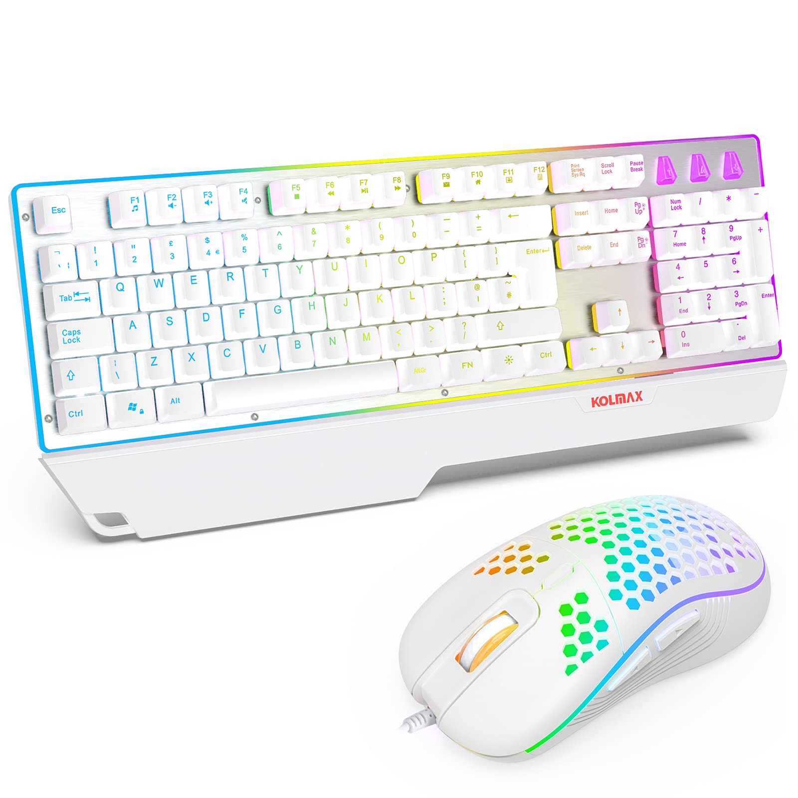 White Gaming Keyboard and Mouse Combo,Rainbow LED Backlit Keyboard with Ergonomic Detachable Wrist Rest,Aluminum Panel Keyboard 3600 DPI Gaming Mouse for Windows PC Mac Office/Gaming,UKLayout