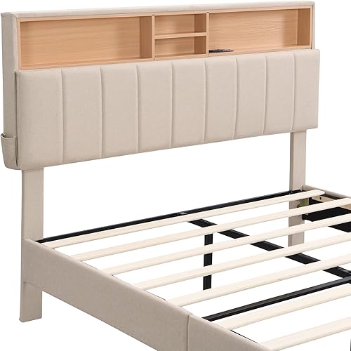 Miniatura 34 de Harper & Bright Designs Cama matrimonial con cabecera de estantería y puerto USB, plataforma tapizada de tela de lino, marco de madera, no necesita