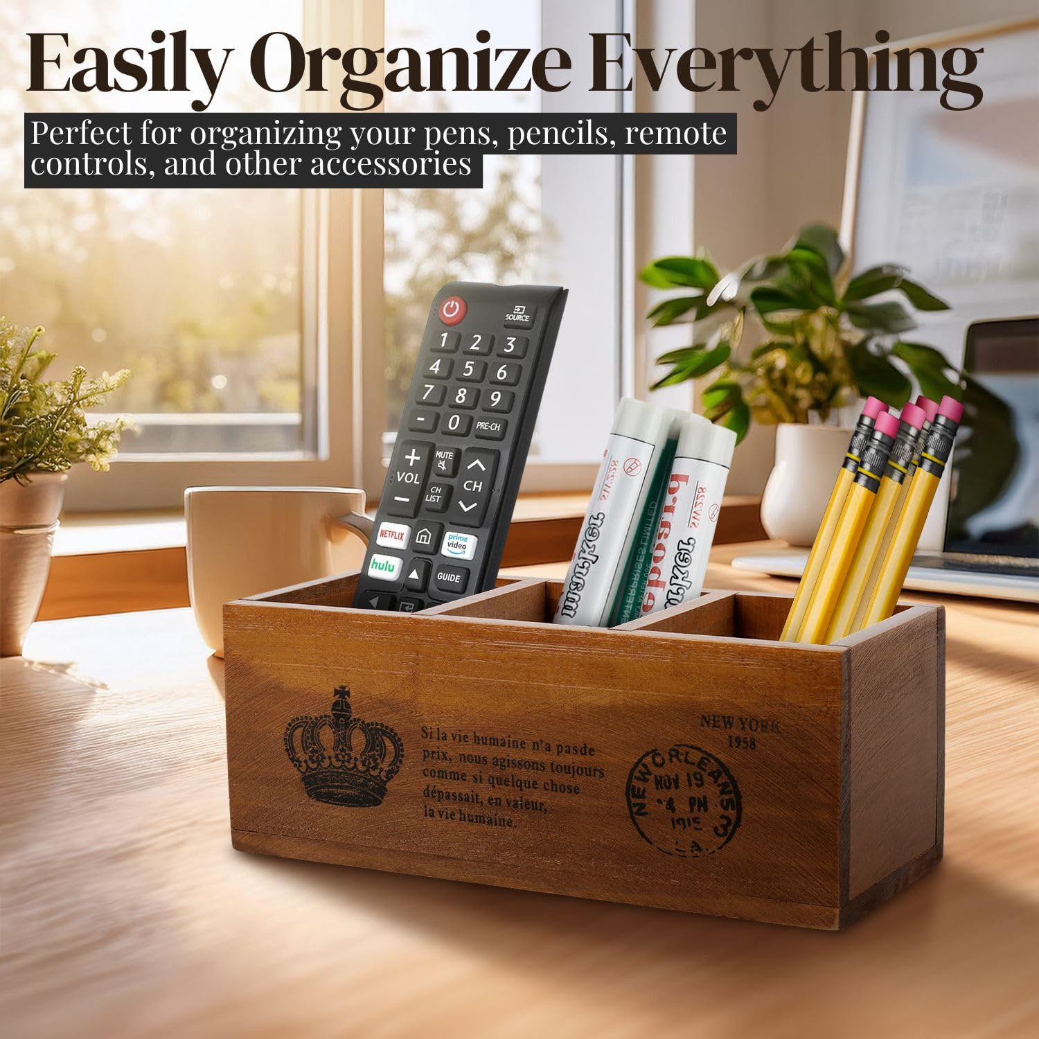 Flexzion Organizer da scrivania in legno, con telecomando, in legno, per scrivania, ufficio, casa, mensola, scaffale, stazionario, forniture per ufficio (3 scomparti