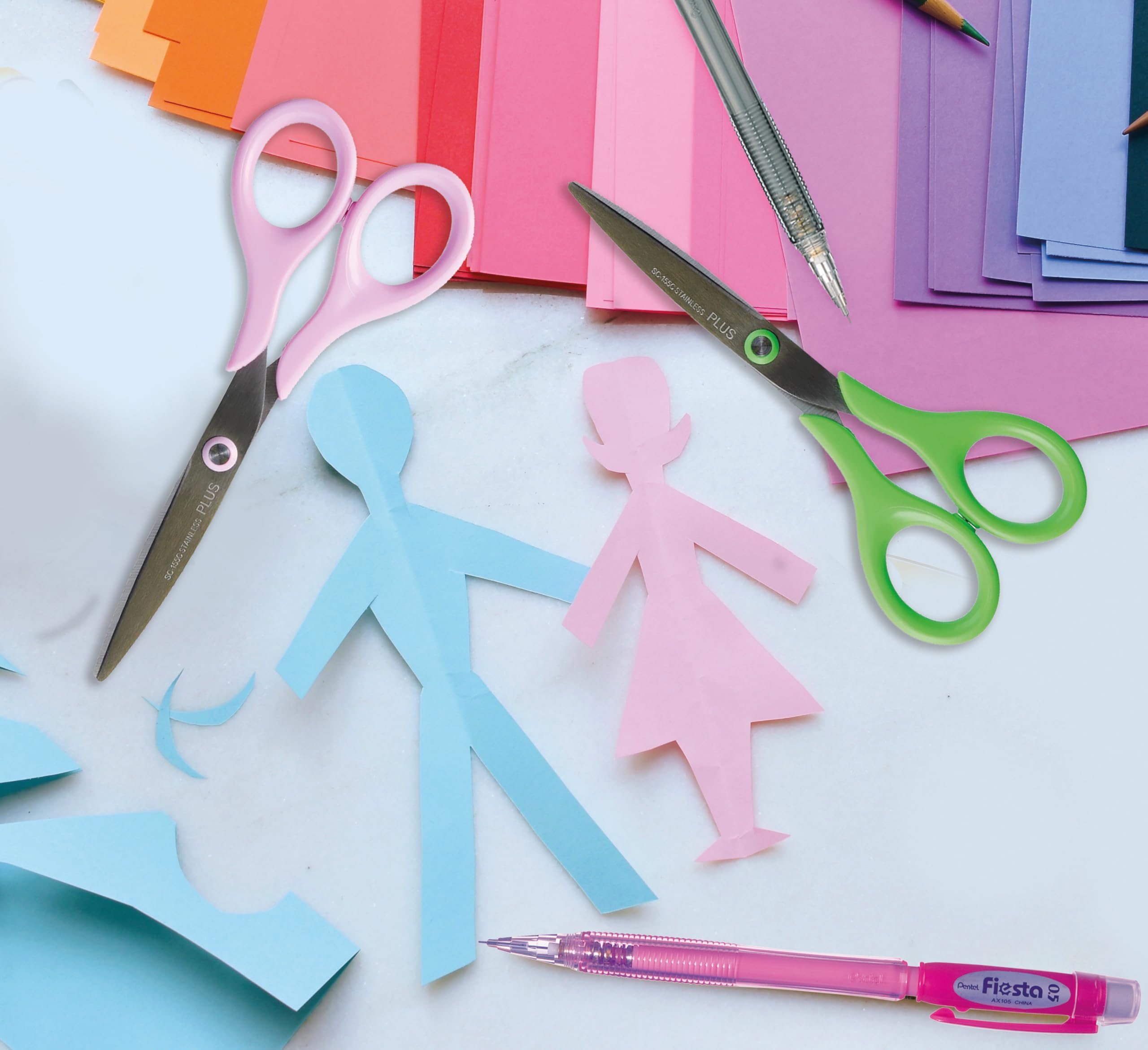PLUS Juniorschere SC-155C-DP, Präzisionsspitze für filigrane Anwendungen, rostfreier Edelstahl für hohe Langlebigkeit, Display-Inhalt 24 Stück, blau/rosa/grün