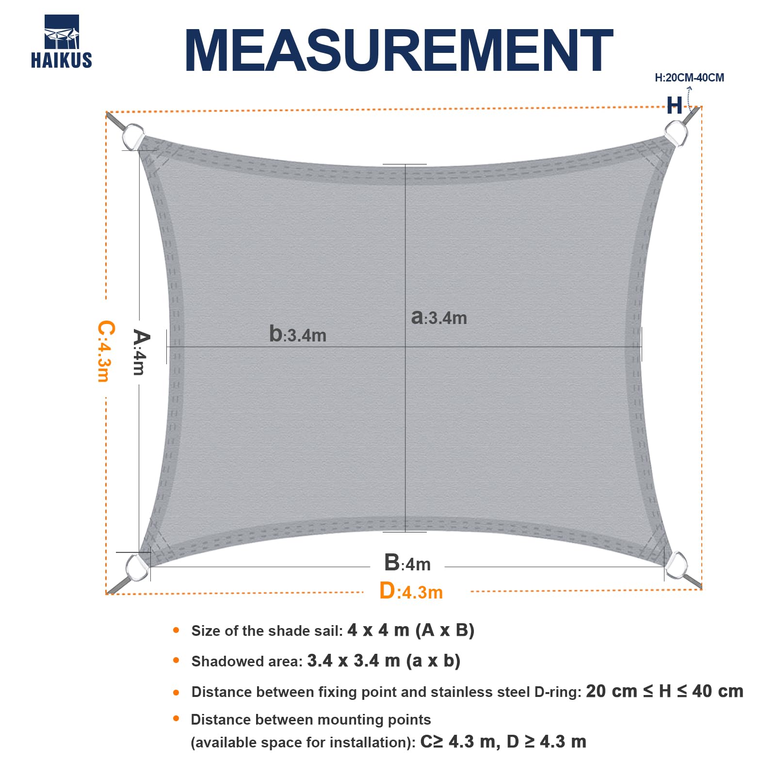 HAIKUS Tenda a Vela Impermeabile Quadrata 4x4 m, Protezione Raggi UV 98%, Vela Ombreggiante Rettangolare 400x400 cm, Telo Tenda da Sole per Esterno Giardino Terrazzo, Sabbia