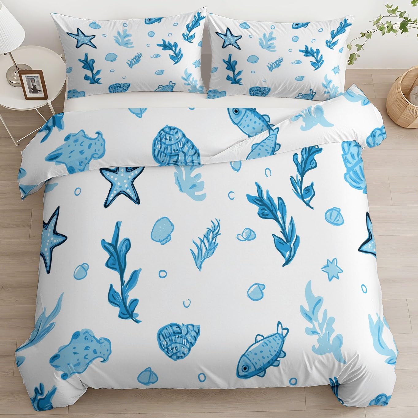 Housse de couette vie marine 240x260 cm en microfibre blanche avec taies