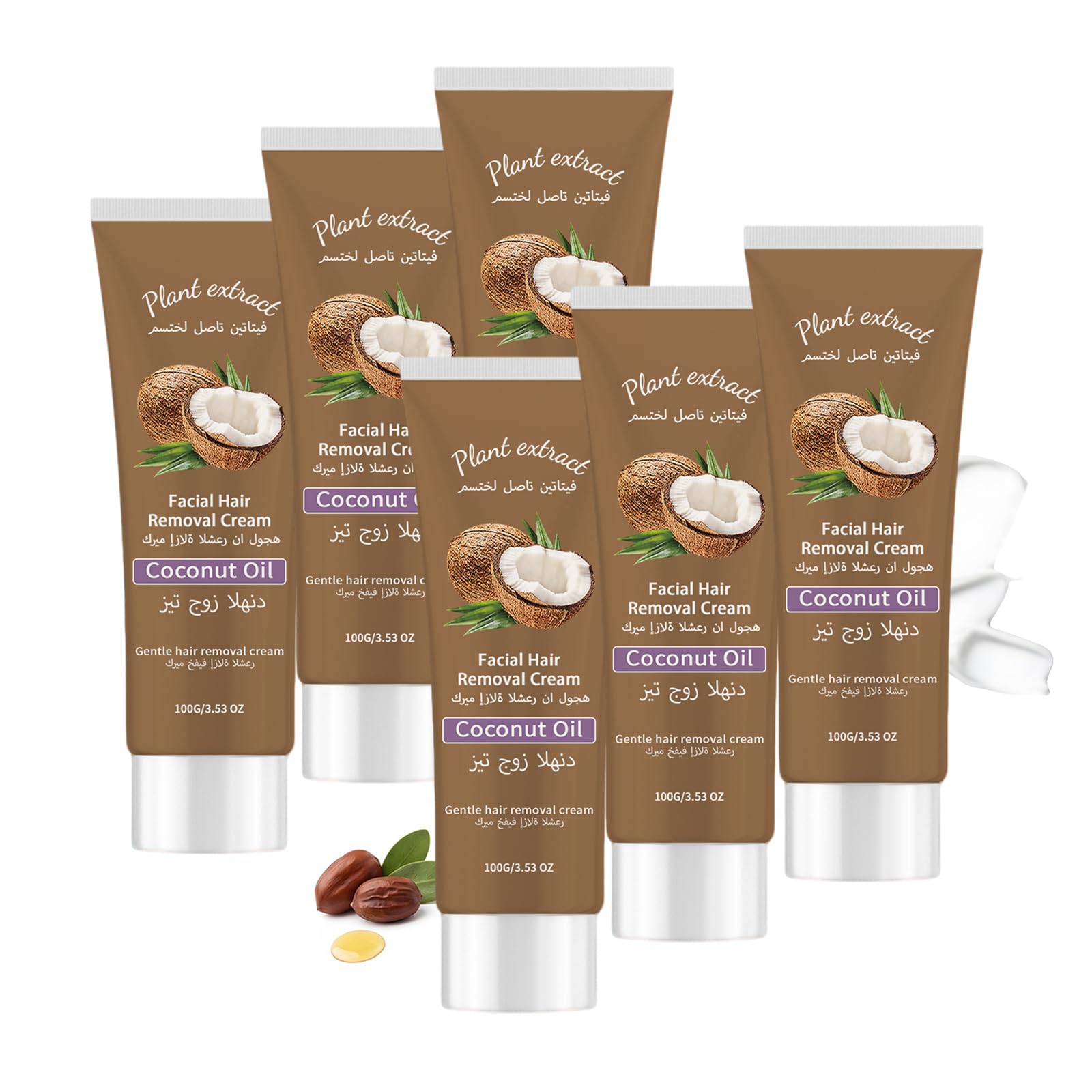 Crema depilatoria viso con olio di cocco ed estratti vegetali, morbida ed efficace, per labbro superiore, mento e guance, pelli sensibili, idratante, crema depilatoria per il viso (6 pezzi)