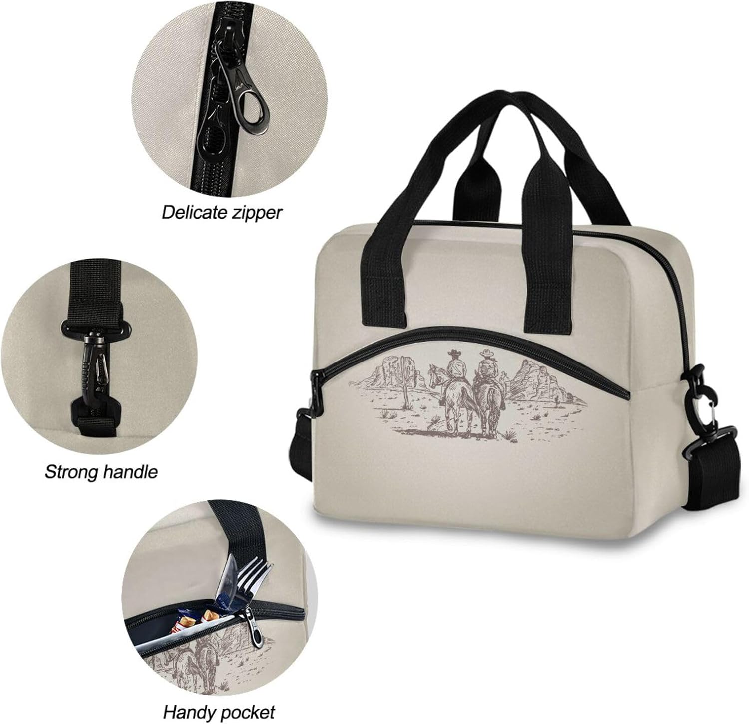 Western Desert Cowboy Insulated Lunch Bag Reusable Lunch Tote Bag Cooler Bag for Women Men Adult Lunch Box with Adjustable Shoulder Strap Leakproof Lunch Bag for Work School Picnic Camping