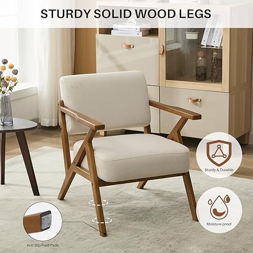 Miniatura 3 de Silla moderna Mid-Century tapizada con marco de madera maciza, cojín más grueso para sala de estar, lectura, balcón, lino beige