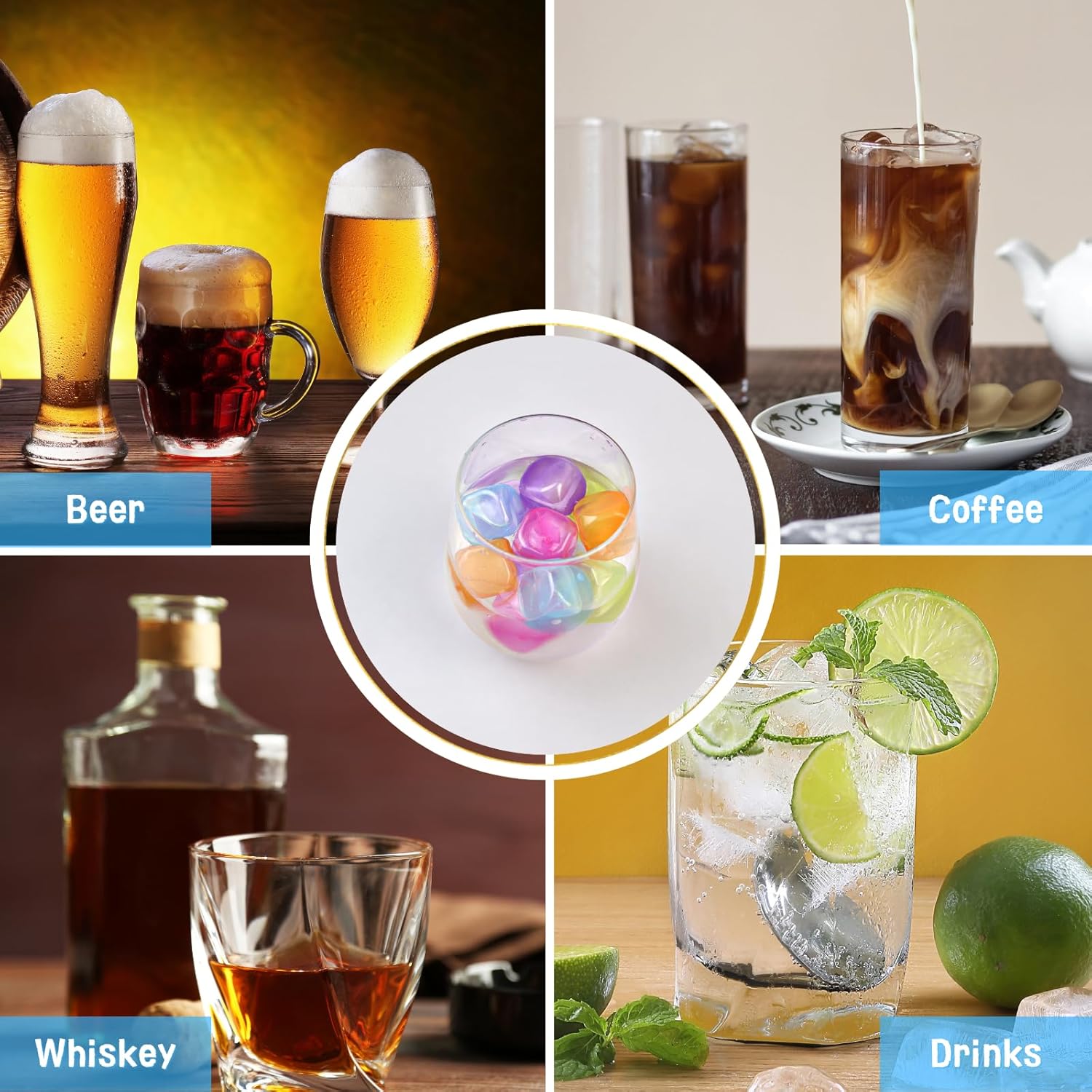 Reusable Ice Cube with Lid & Bin, 60 Pack Plastic Ice Cubes for Drinks BPA Free, Colorful Refreezable Square Ice Cubes for Water Bottles, Whiskey, Vodka, Coffee, Beer or Wine, Non-Diluting