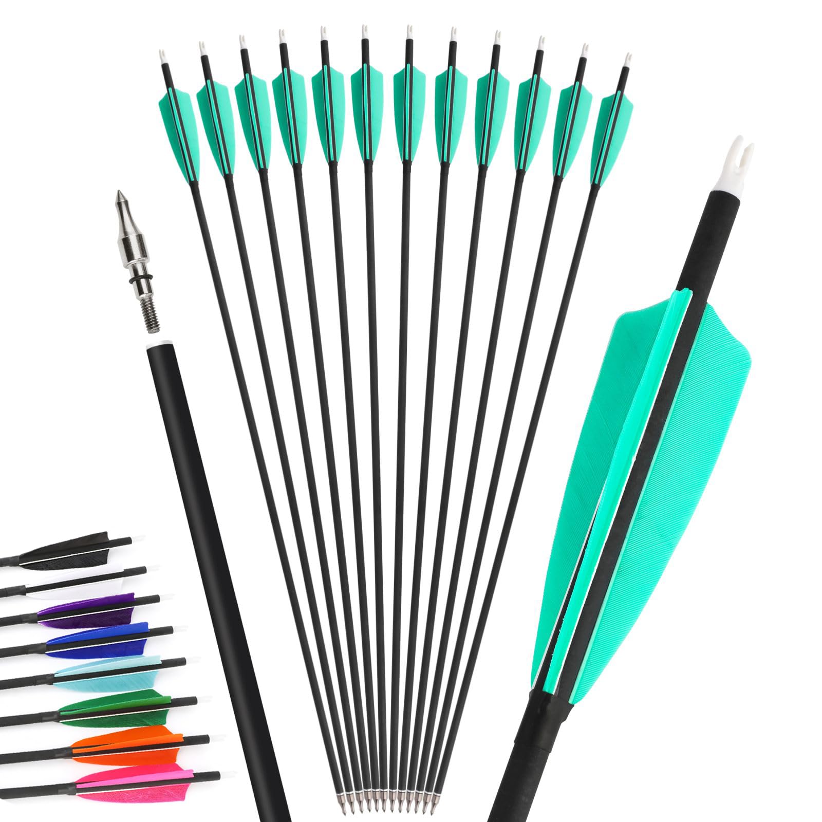 12Pcs 4inch Turkey Feather Mixed Carbon Arrow 500 Spine Archery Hunting Arrows Suit for Compound/Recurve Bow Target Practice Arrow (blue, 28inch 6pcs)