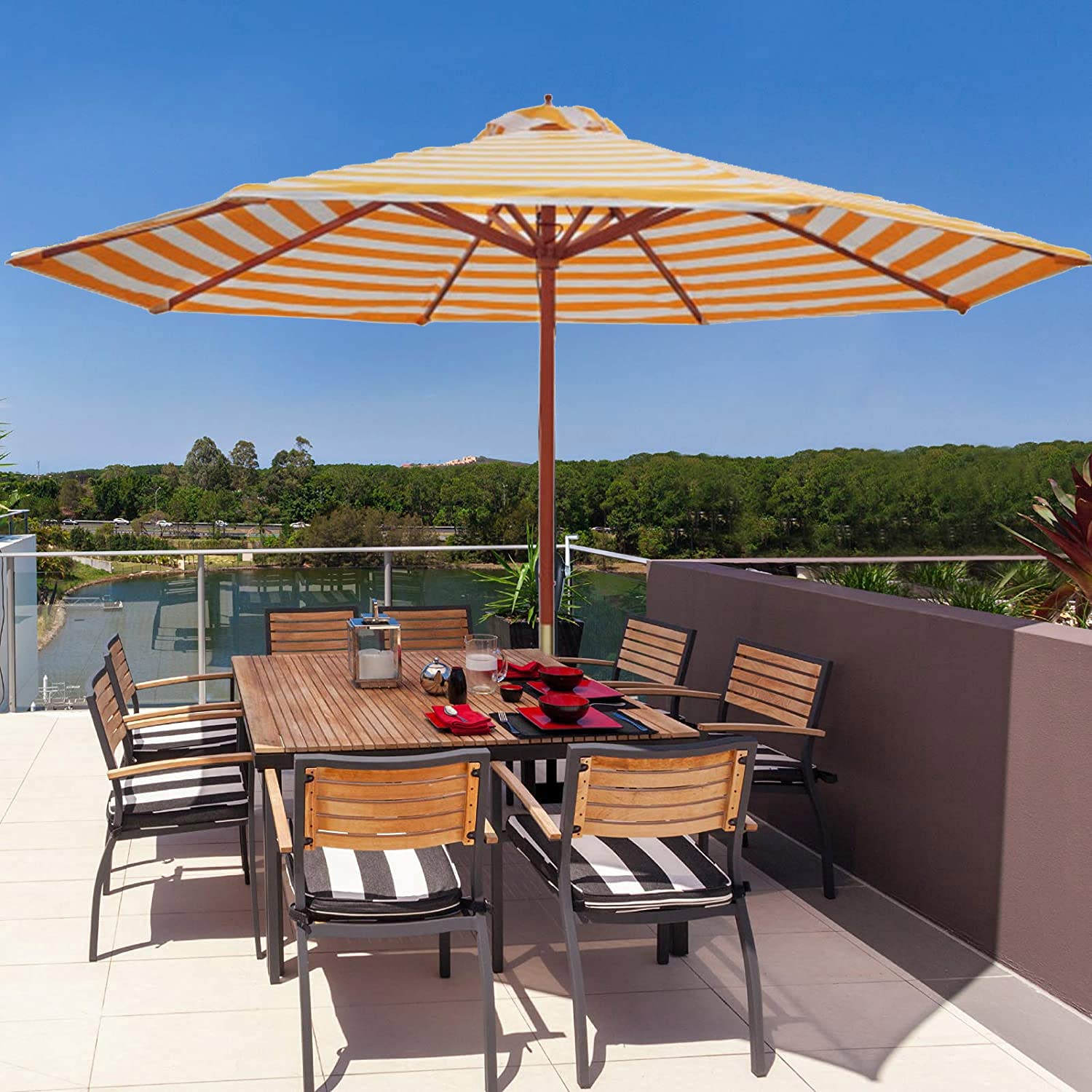 Parasol Stołowy O Długości 2,7 M / 8,9 Stopy, Parasol Plażowy W Paski, Drewniany Parasol O Dużej Wytrzymałości, Parasol Ogrodowy, Przenośny Parasol Kempingowy