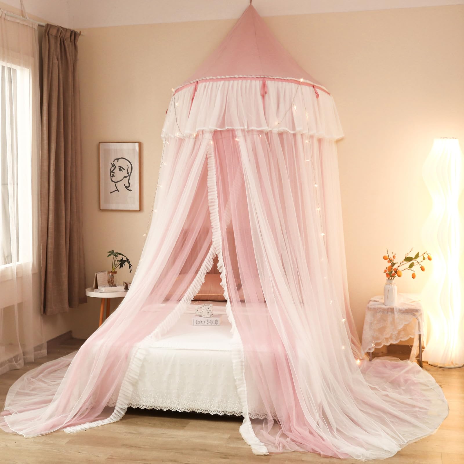 Moustiquaire Ronde en Dentelle haut de gamme avec rideau en dôme double couche rose