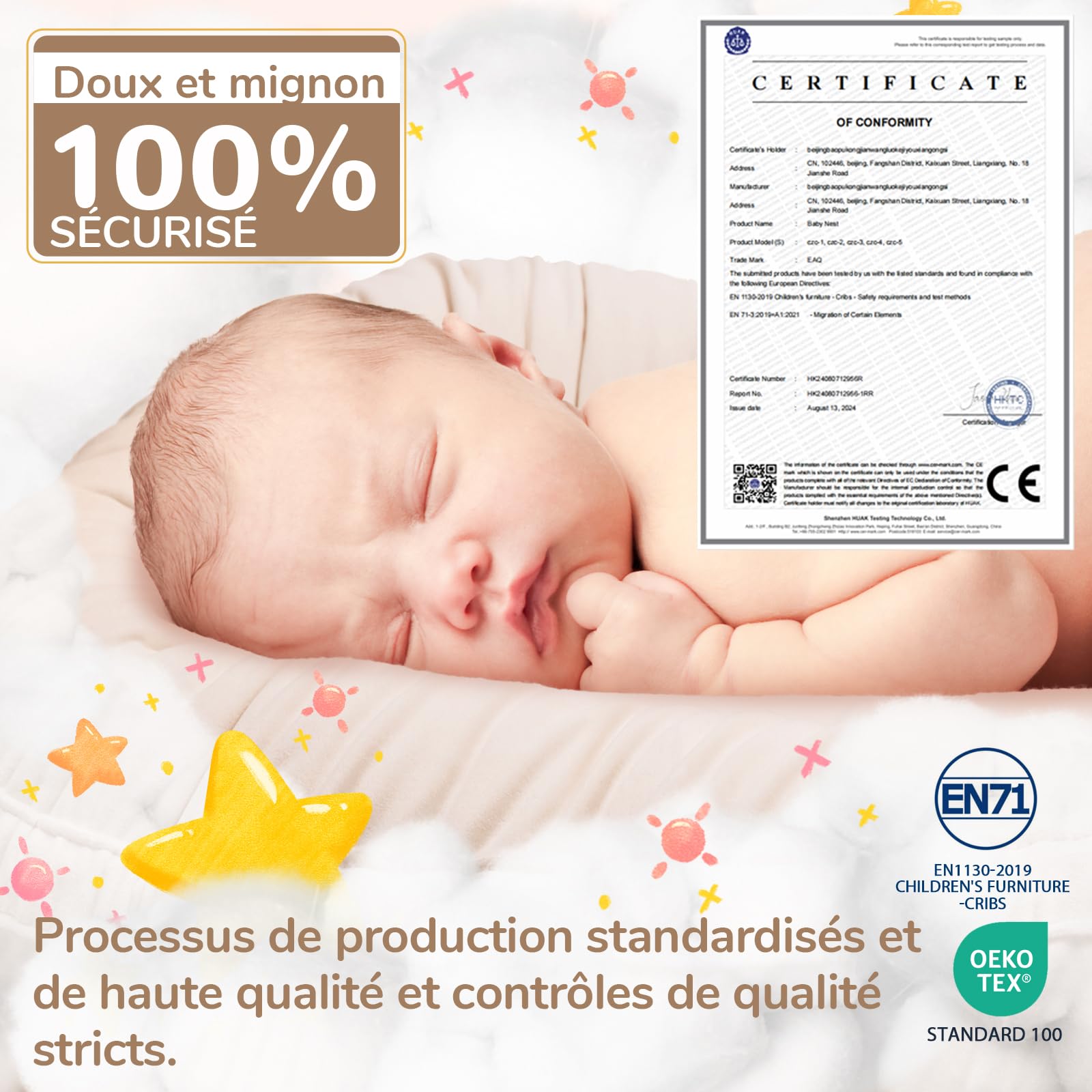 EAQ Couffin de Voyage Bébé 100% Coton Nid Cocoon Lit Nouveau-né, Amovible Lavable