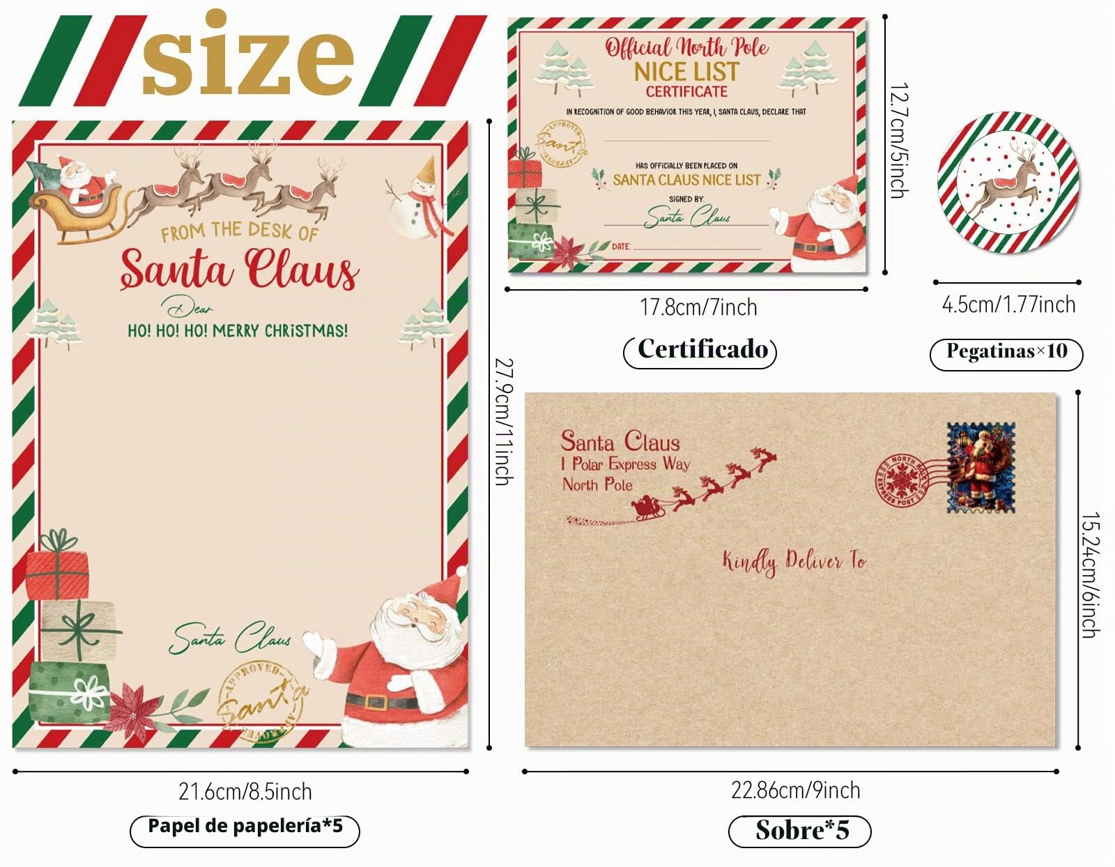 Whaline Carta oficial de Navidad y certificado de Papá Noel, incluye 5 letras de escritura del Polo Norte, 5 unidades, certificado de lista agradable, 5 sobres, 10 calcomanías para niños y niñas