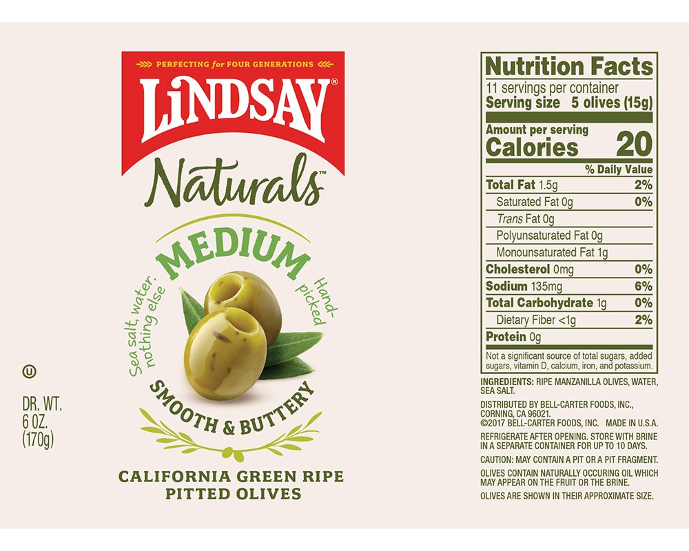 Lindsay Naturals Medium 6 oz, Green Ripe Pitted Olives, 72 Ounce, (Pack of 12)