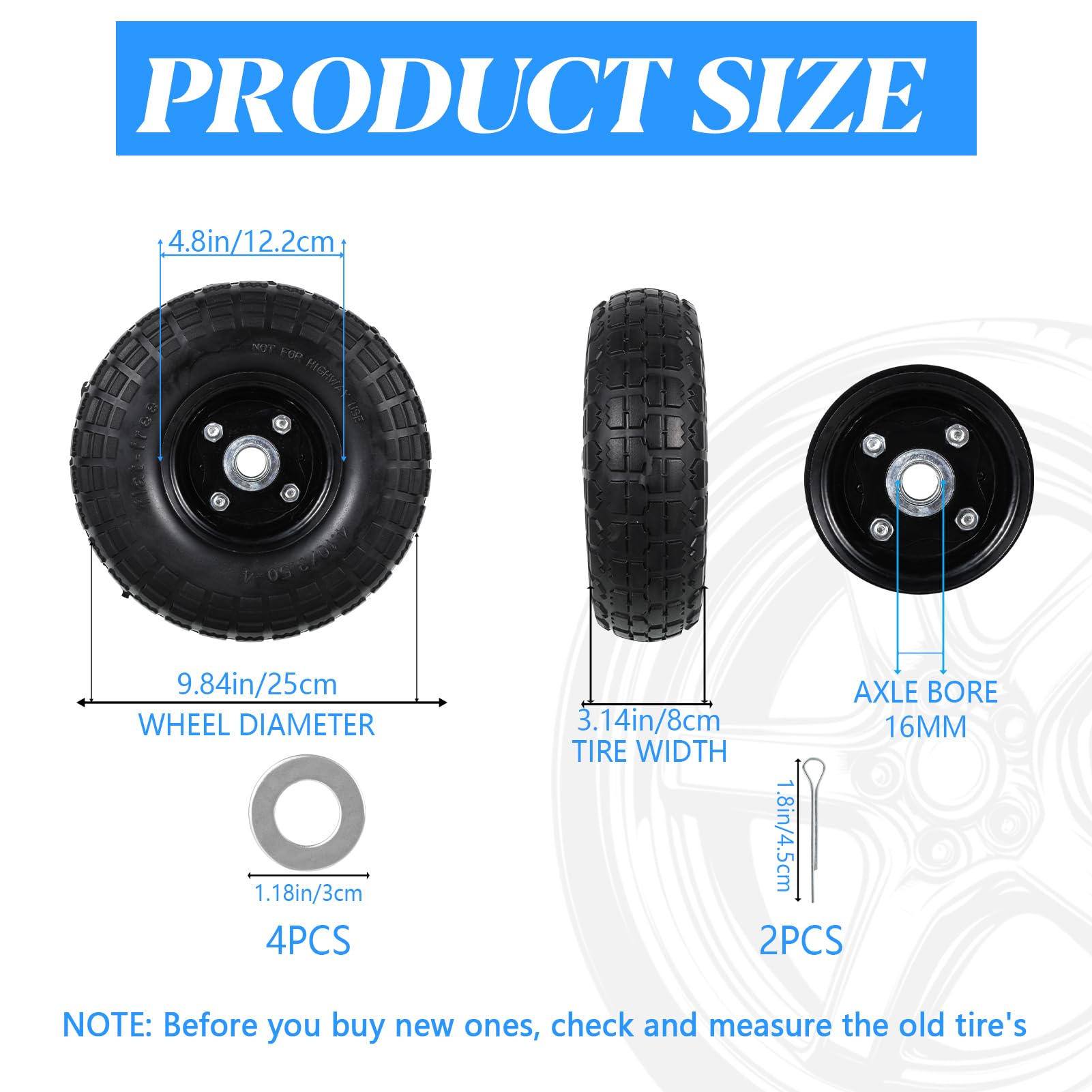 Lot de 2 pneus solides de 25,4 cm, roues plates libres de 10,10/8,9 à 10,2 cm avec trou d'alésage d'essieu de 1,6 cm et roulements à double étanchéité (noir, 2 pièces) pour chariots de jardin/chariot