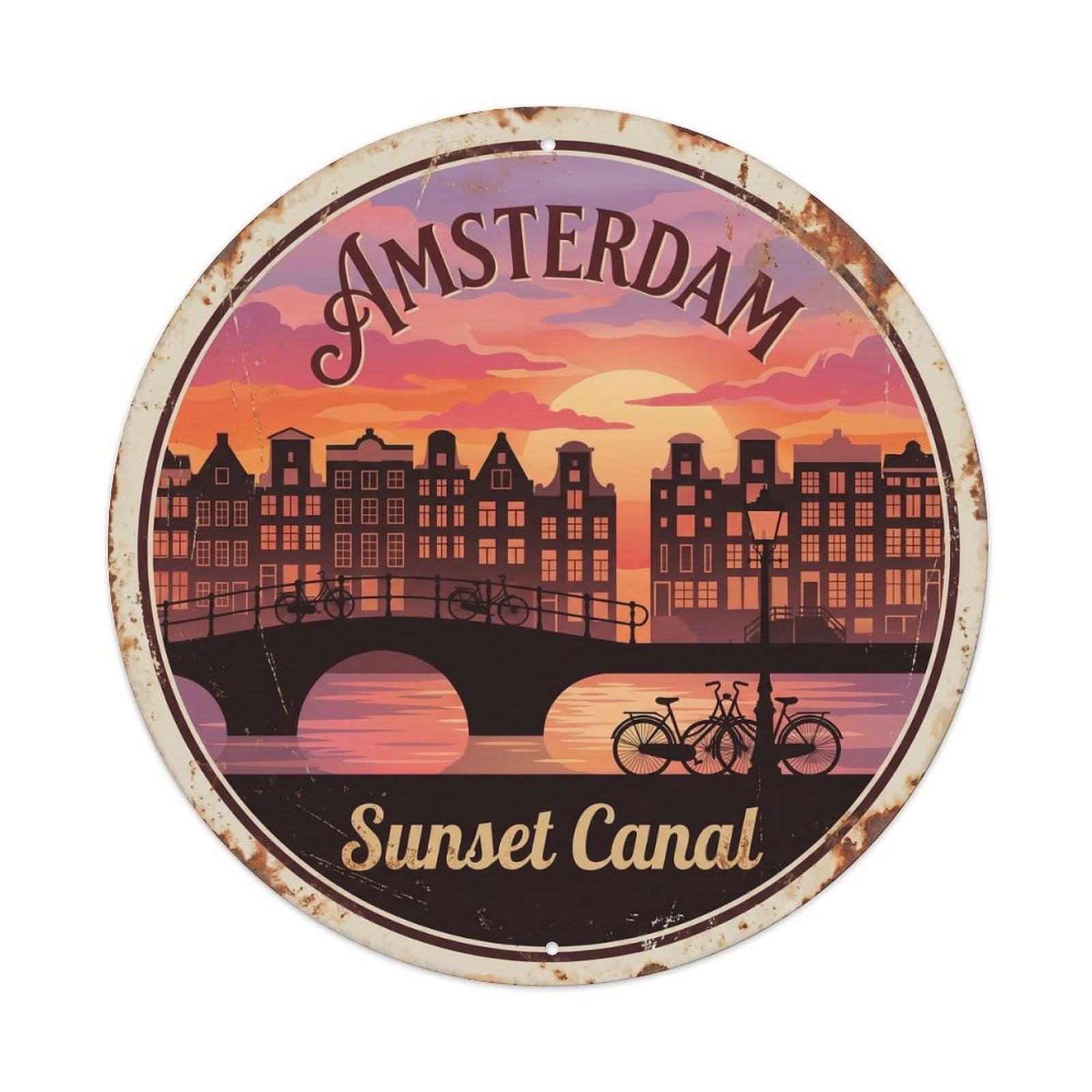 Vintage Travel Amsterdam Canal Sunset Metal Tin Sign Plaque Wall Decor for Cafe, Club, Garden Round Metal Poster 8x8Inch