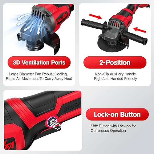 Miniatura 5 de Amoladora angular inalámbrica de 4-12 pulgadas, motor sin escobillas de 12000 RPM, herramientas eléctricas con batería de 2 x 4.0 Ah y cargador