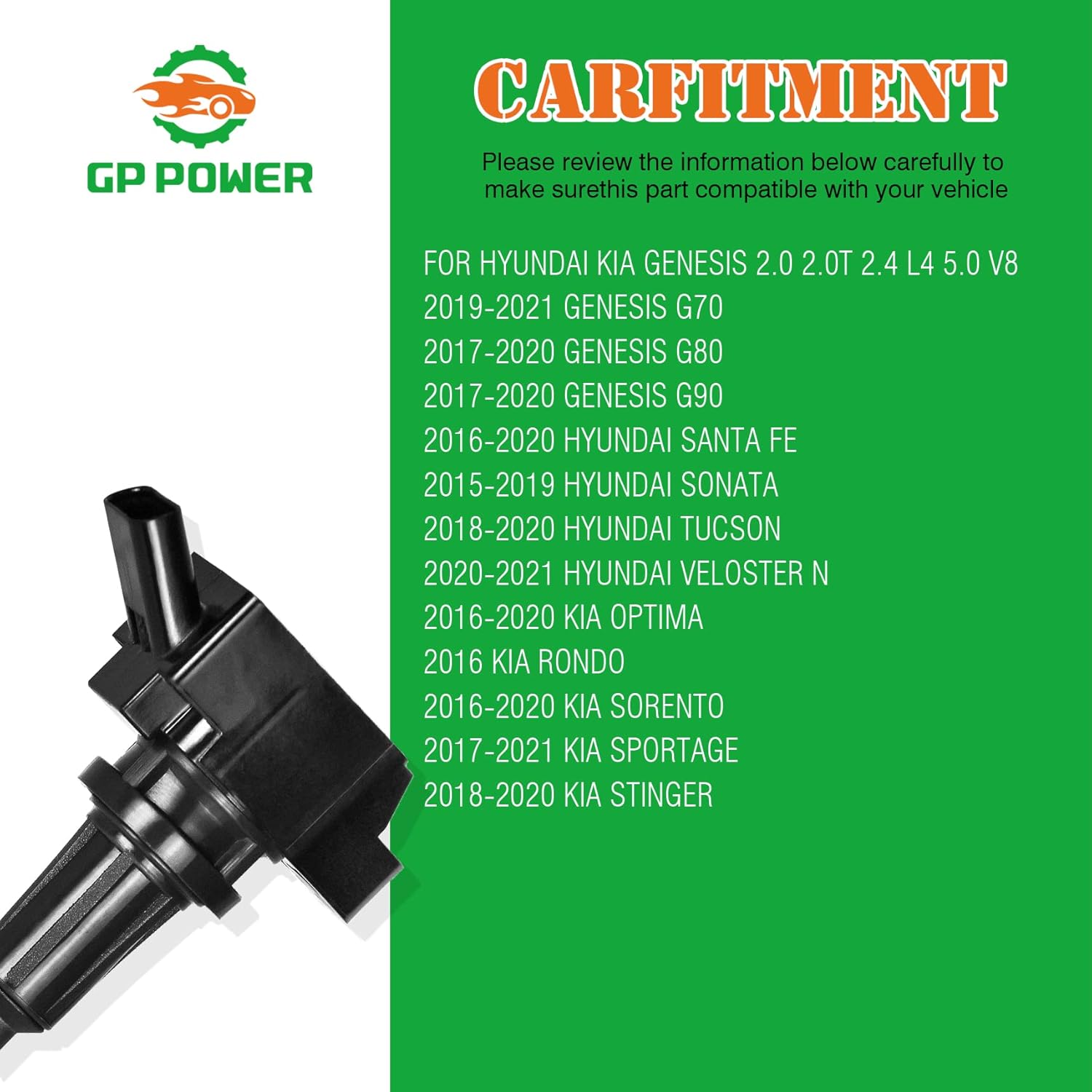 IGNITION COIL 273002GGA0 UF764 SET OF 4 COMPATIBLE WITH HYUNDAI SANTA FE SONATA TUCSON VELOSTER N KIA OPTIMA RONDO SORENTO SPORTAGE STINGER 2.0 2.0T 2.4 L4 GENESIS G70 G80 G90 5.0L V8