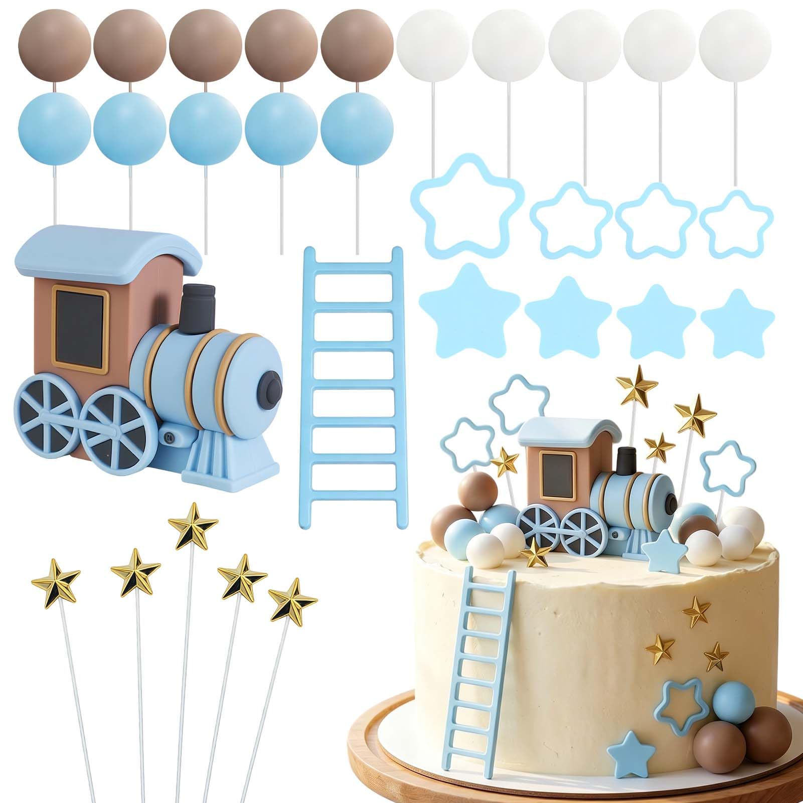 Vintage Blue Train Cake Decoration-30PCS Train Themed Cake Topper Colorful Balls Reusable Cake Decorations for Birthday Baby Shower Christmas Party