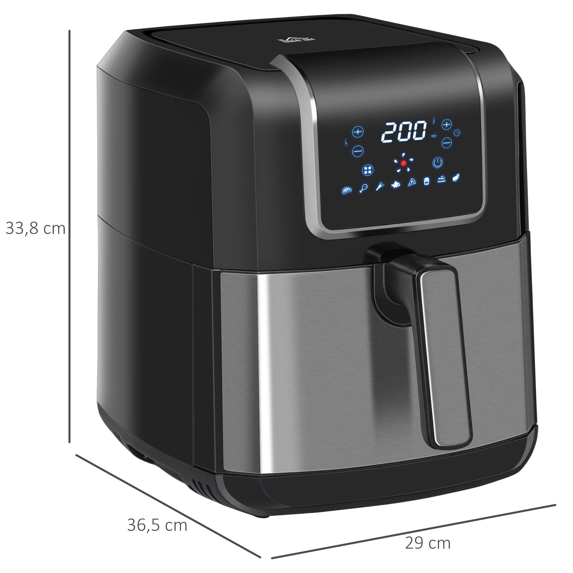 HOMCOM Freidora sin Aceite 6,5L 1700W 36,5x29x33,8 cm Negro | Freidora de Aire, 8 Programas, Pantalla LED Táctil, Temperatura Ajustable, Temporizador, Cesta Antiadherente