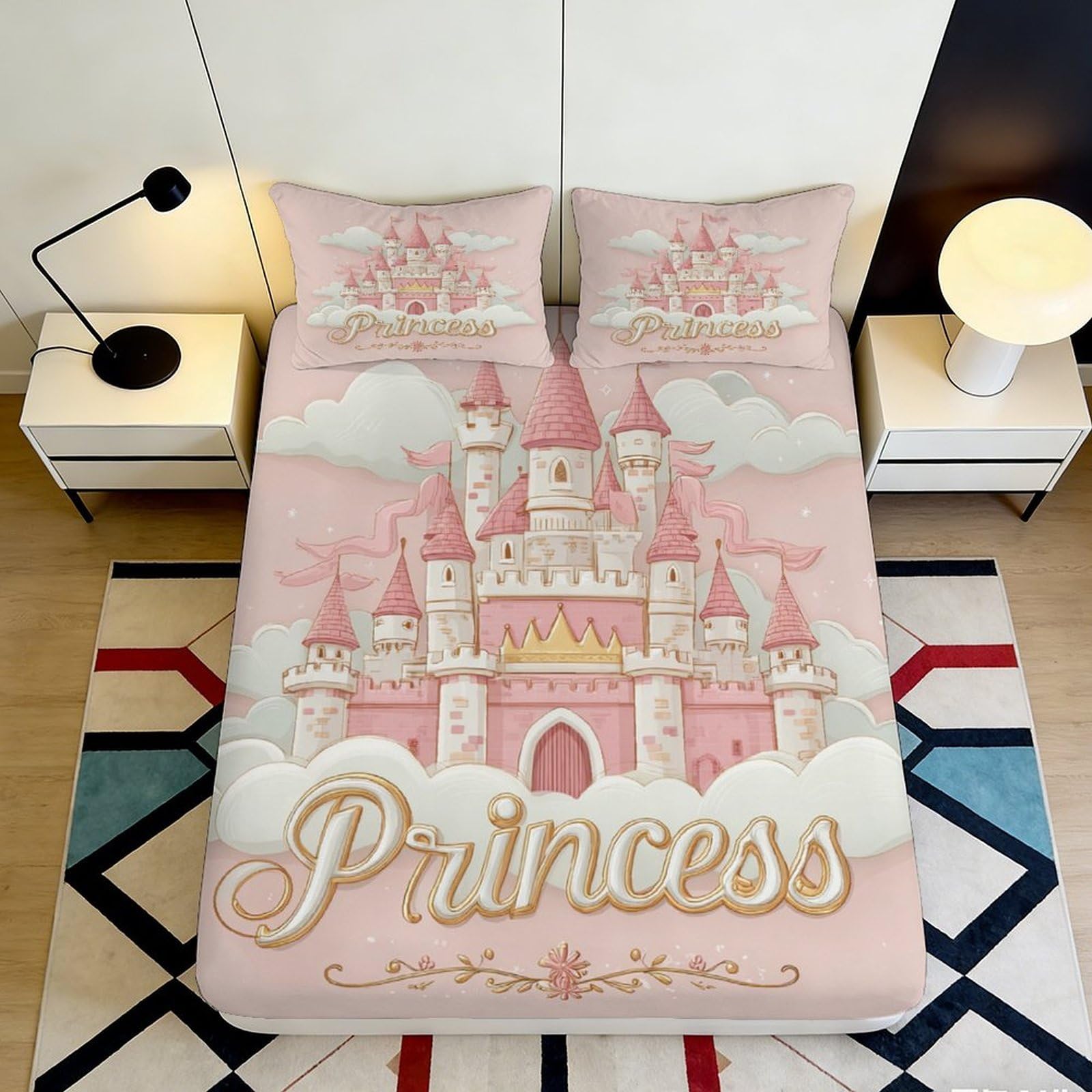 3D Printed Princess Castle Fitted Sheet Microfiber Soft Breathable Pink Bed Cover with 3D Printed Cloud Design Mattress Cover for Bedroom Dormitory Guest Room 140x200x25cm