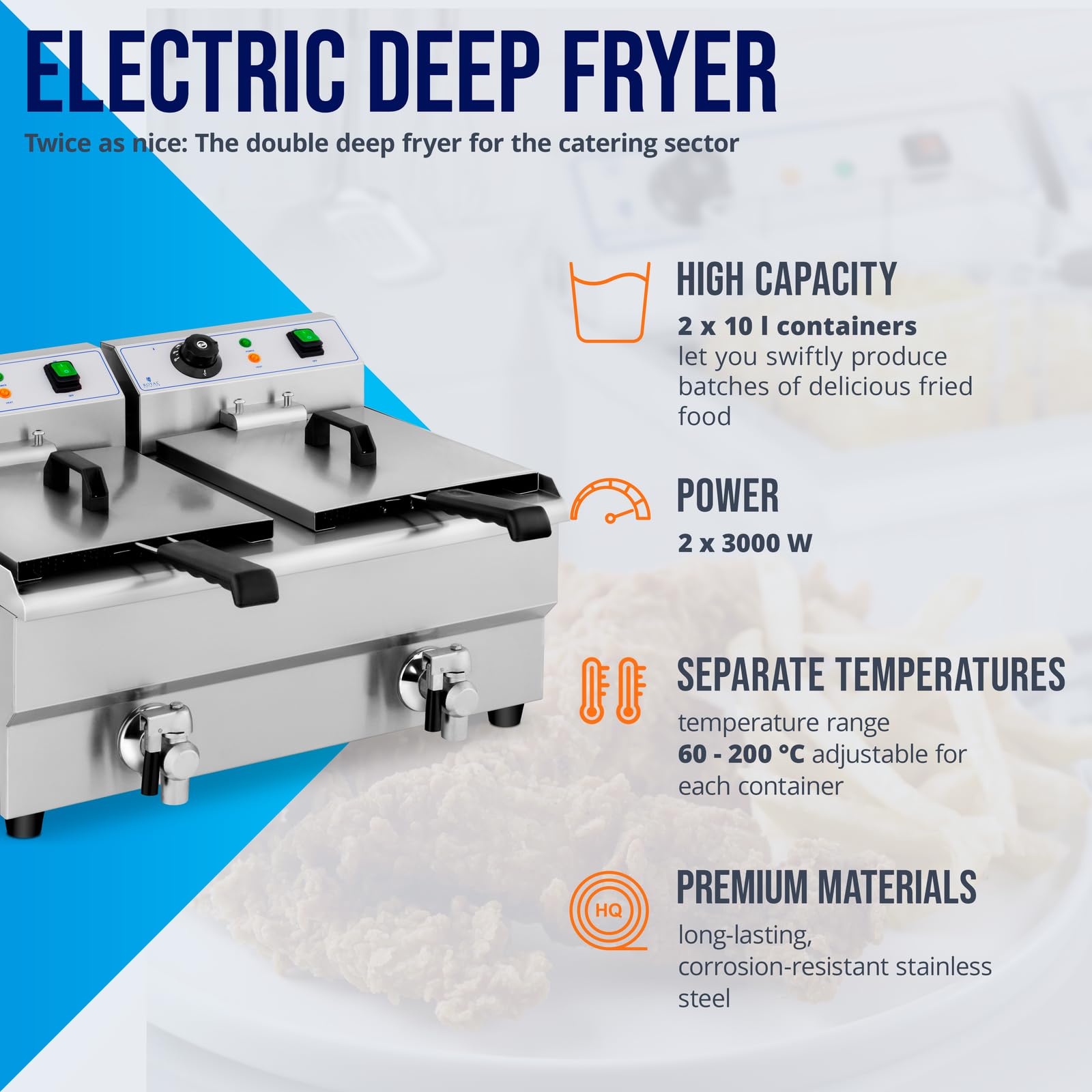 Royal Catering Friggitrice Elettrica con Rubinetti di Scarico RCEF 10DB (2 x 10 L, 230 V, 2 x 3000 W, Acciaio Inox, Plastica)