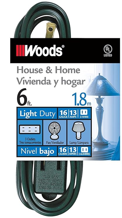 Woods 12600G 6-Foot 3-Outlet Indoor Extension Cords, Green