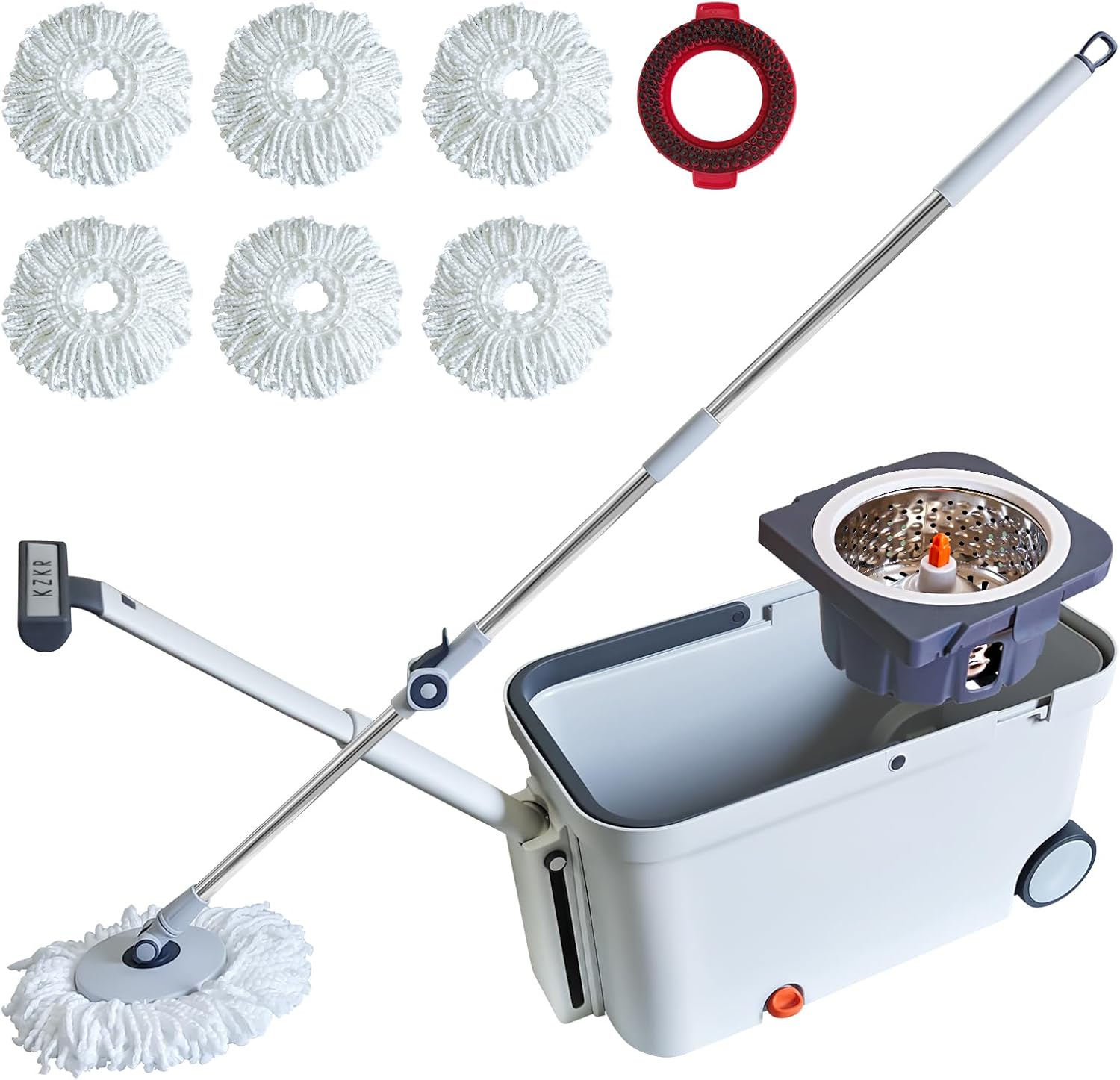 KZKR Spin Mop and Bucket with Wringer Set on Wheels, 180° Spinning Mop Bucket System with 6 Washable Microfiber Replacement Mop Pad Heads Refill, Adjustable Handle for Floor Cleaning Home