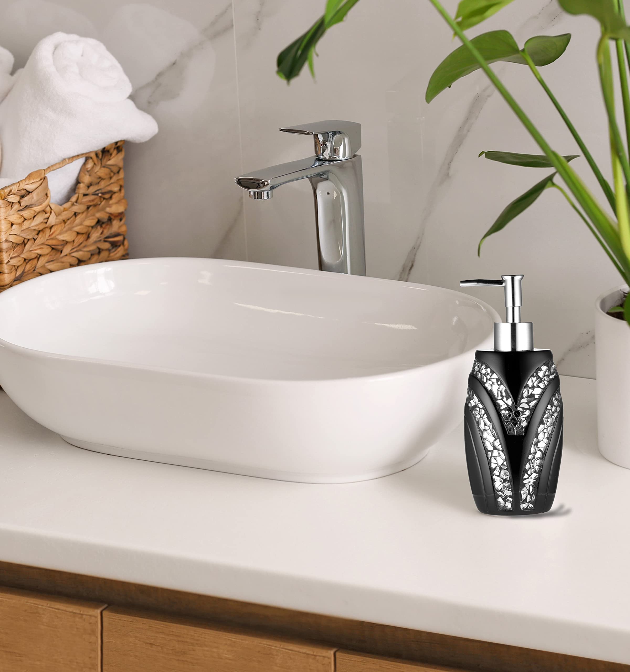 Sinatra - Dispensador de jabón negro / bomba de loción clásica de lujo, decoración contemporánea, color negro para baño con este diseño único elegante decoración brillante mosaico 2