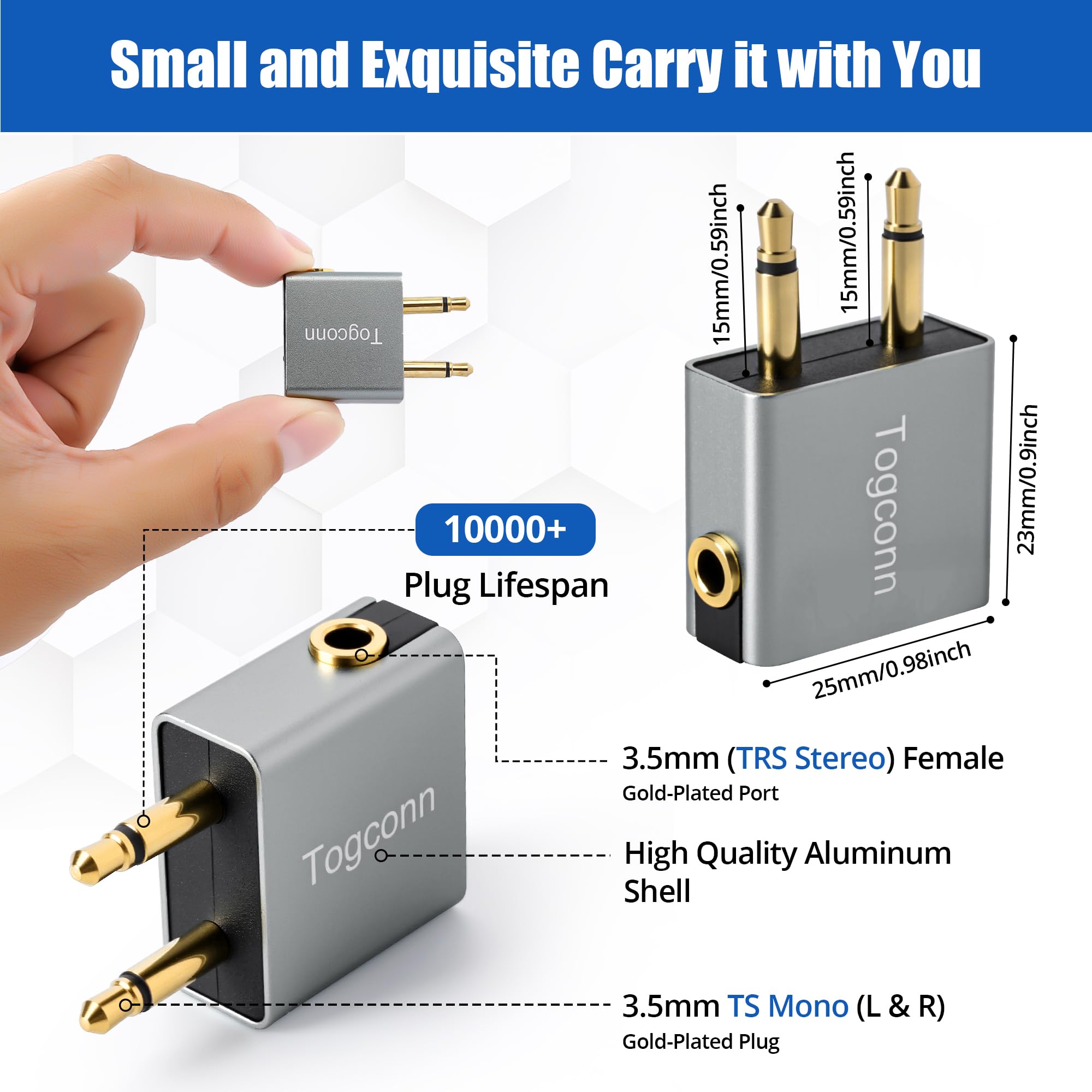 1/8 cala 1/8 cala adapter do słuchawek lotniczych, podwójny 3,5 mm męski na 3,5 mm żeński samolot słuchawki jack AUX konwerter audio złącze (aluminiowa powłoka) do systemów rozrywki w locie