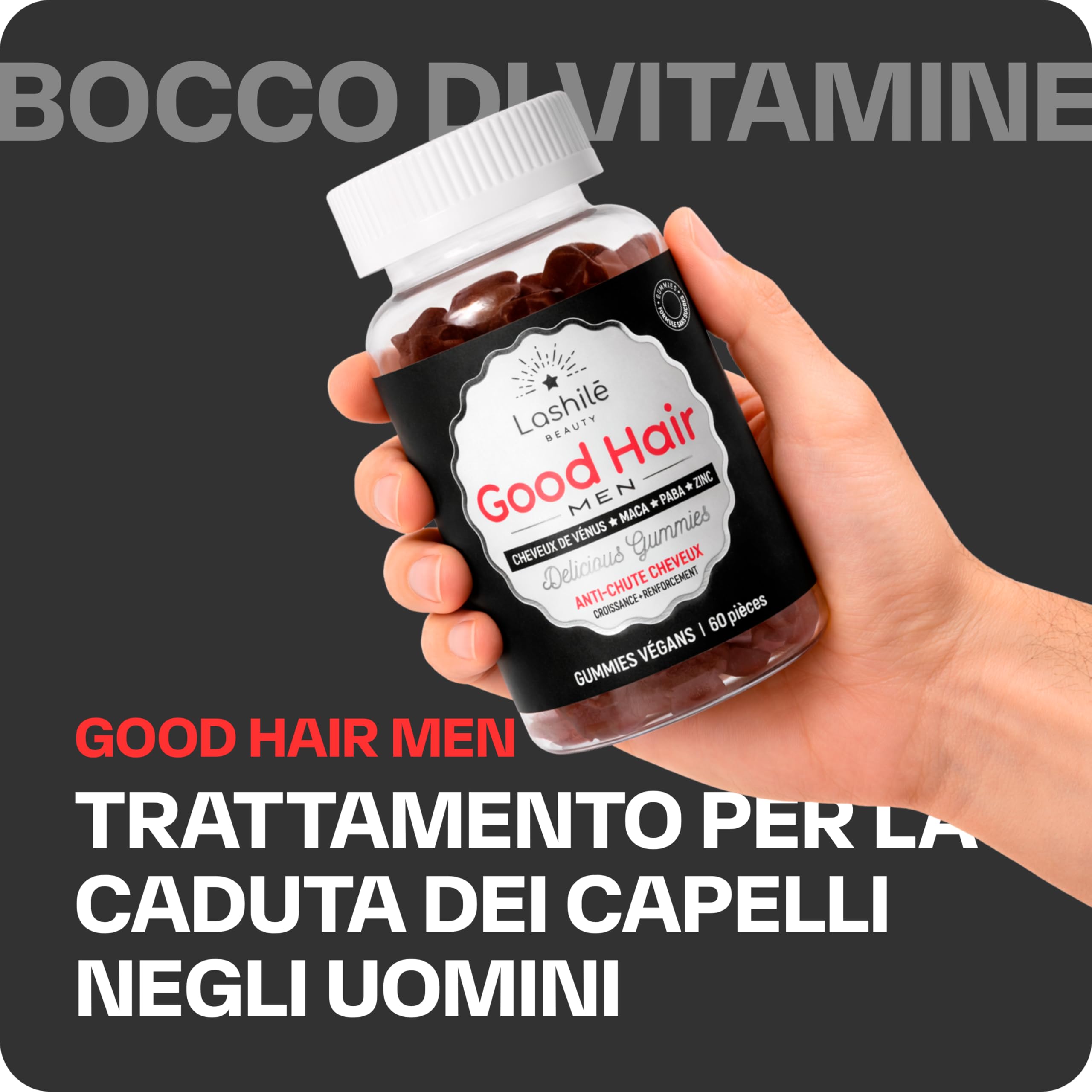 Lashilé Beauty - Integratore alimentare - Anti-caduta capelli e Rinforzo capillare - Crescita e Densità Good Hair Men - Made in France - Zinco Maca Capelvenere - Cura 3 Mesi 180 Gummies