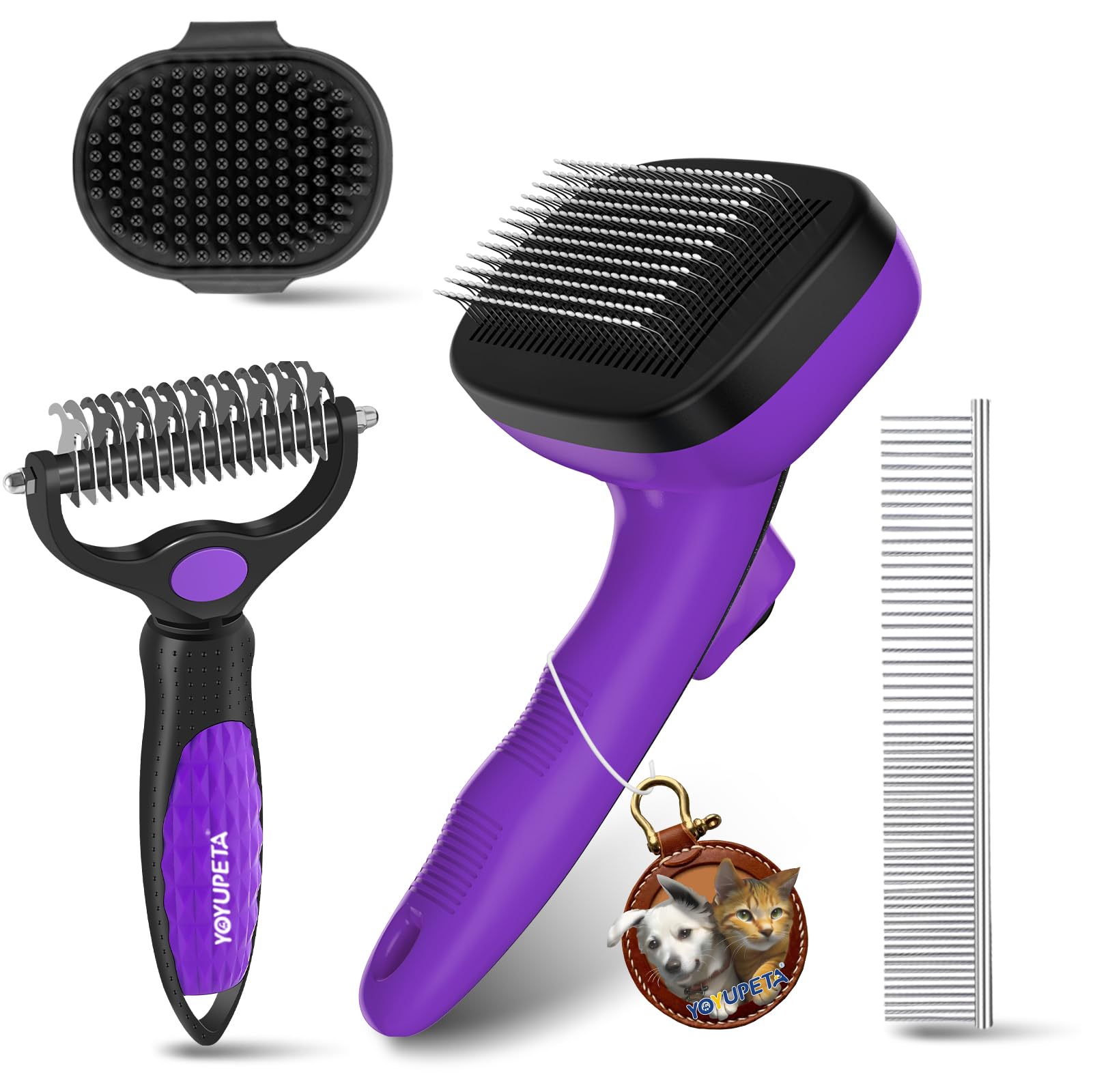YOYUPETA 4-in-1 Dog Brush Set with Retractable Pin Self-Cleaning Slicker Brush, Undercoat Rake, Bath Massager & Steel Comb, Professional Pet Grooming Tool Kit for Heavy Shedding & Matting, Purple