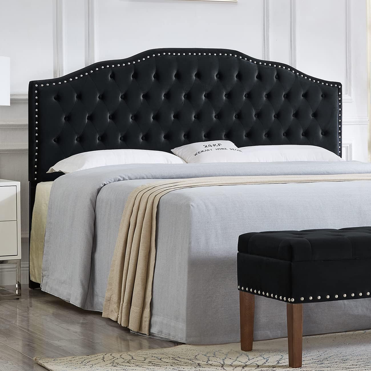 24KF Upholstered Button Tufted King Size Headboard with Nailhead Trim, Soft Velvet Fabric Headboard King/Cal King Size-Black