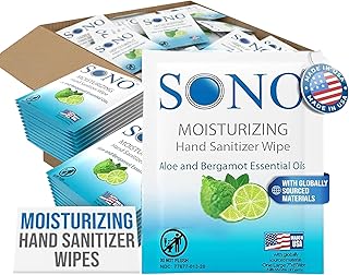 SONO Bergamot & Aloe Moisturizing Hand Sanitizer Wipes - TSA-Approved Travel Size Individual Packs for On-the-Go Hygiene & Cleansing - Alcohol-Free Antibacterial for Hands & Surfaces