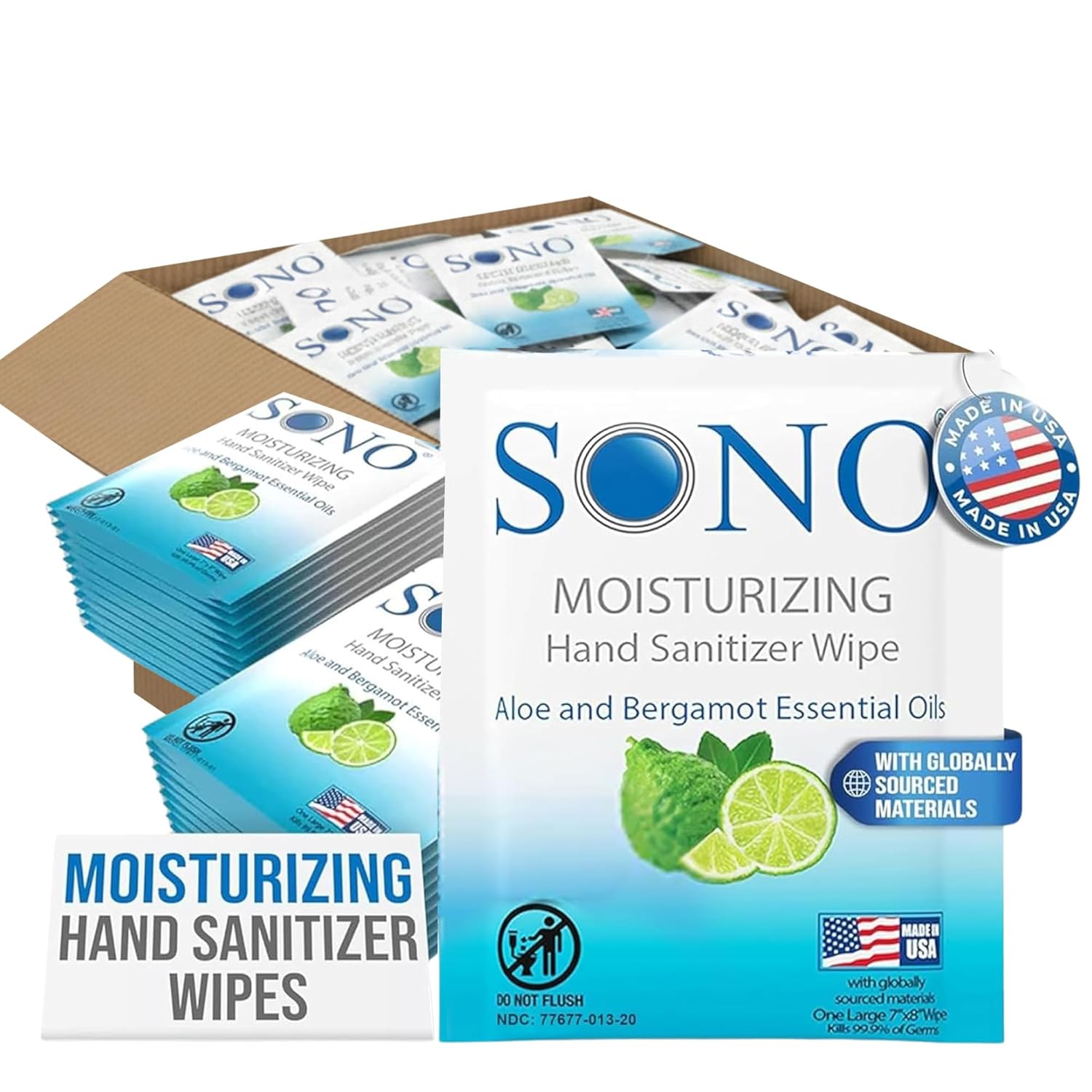 SONO Alcohol-Free Sanitizing Hand Wipes with Bergamot & Aloe Essential Oil - Individually Wrapped Travel Size - 24 Packs of 20 - Gentle Cleaning Anywhere