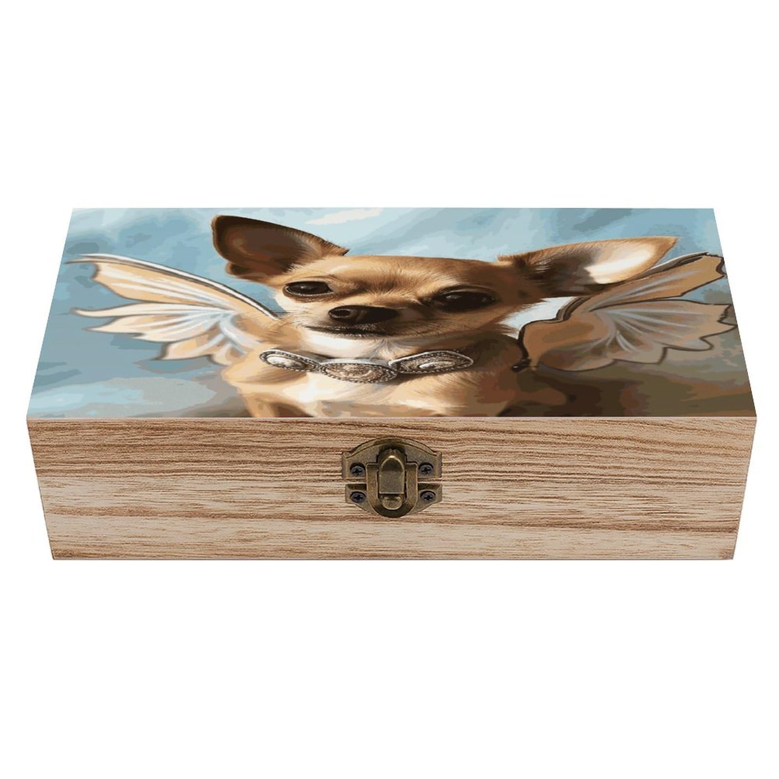 JTREHY Brown Chihuahua Angel Wings Wooden Keepsake Box Vintage-Style Wood Keepsake Case with Hinged Lid Solid Wood Boxes Beautifully Memory Treasure Case Vintage-Style Wooden Storage Box
