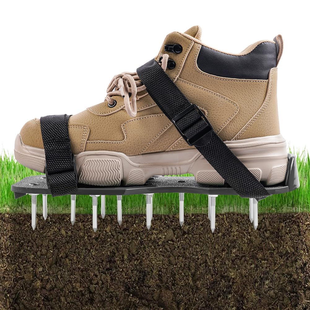 URAQT Zapatos Aireador para Cesped, 1par Suelas Escarificadoras Suela de 29*13CM y Púas de 47mm, Zapatos Aireador Jardin de Tamaño Ajustable,Talla Universal, para Zapatos Aireación en Patio y Jardín