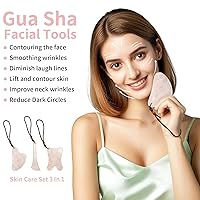 Vista 2 de Juego de cuidado de la piel, 1 paquete de masajeador 3 en 1 Jade Gua Sha, rosa, herramienta Guasha para cara y cuerpo, productos de belleza