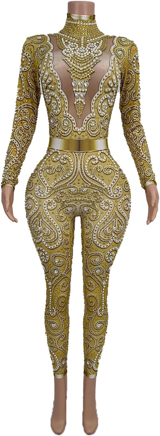 Women Rhinestone Pearls Jumpsuit Nightclub Party Stage Performance Bodycon Birthday Outfits Skinny Printing Romper