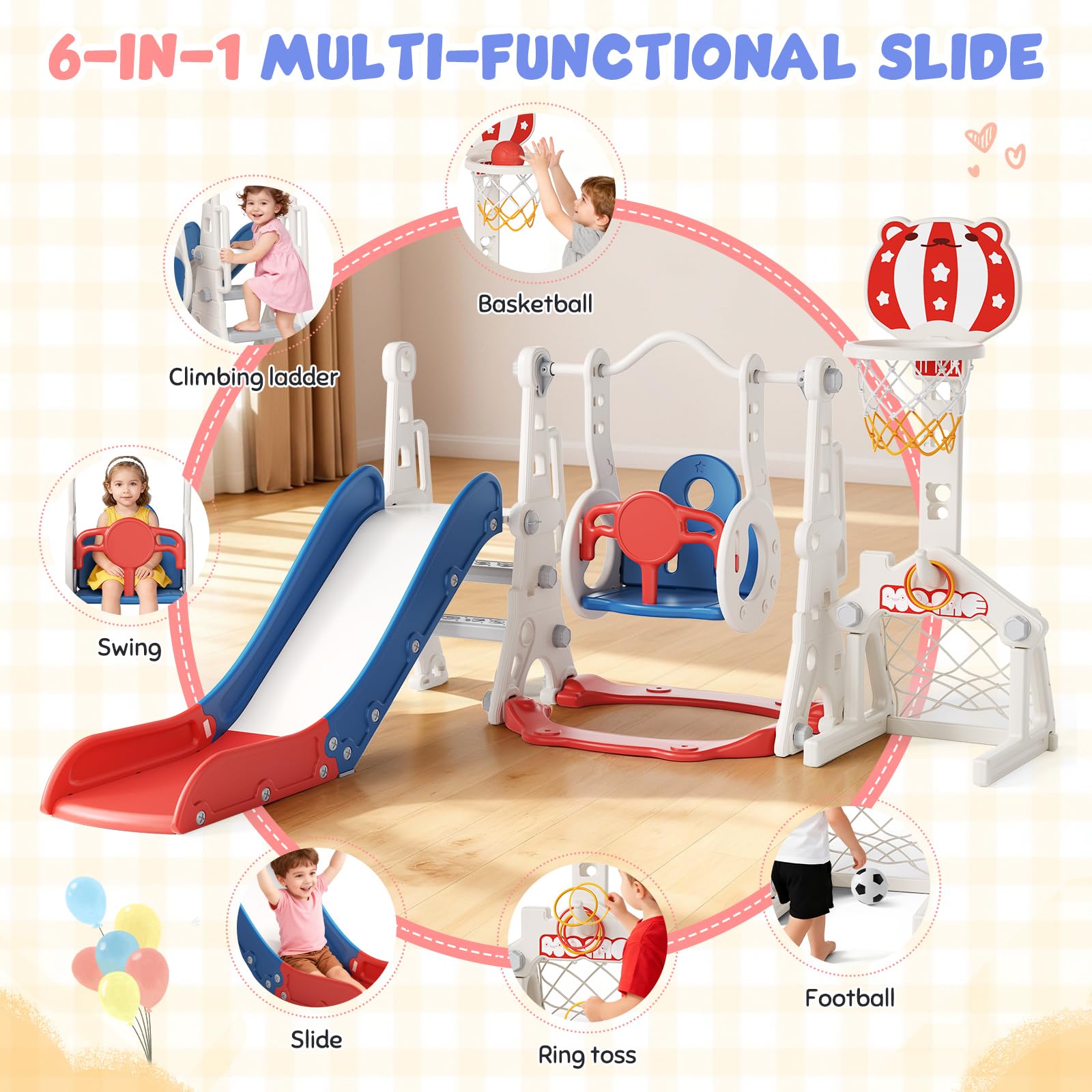 Tobogán Infantil 6 en 1 con Estructura para trepar, Canasta de Baloncesto y portería de fútbol – Set de tobogán de plástico para Interiores – Juguete Montessori (Azul/Rojo)