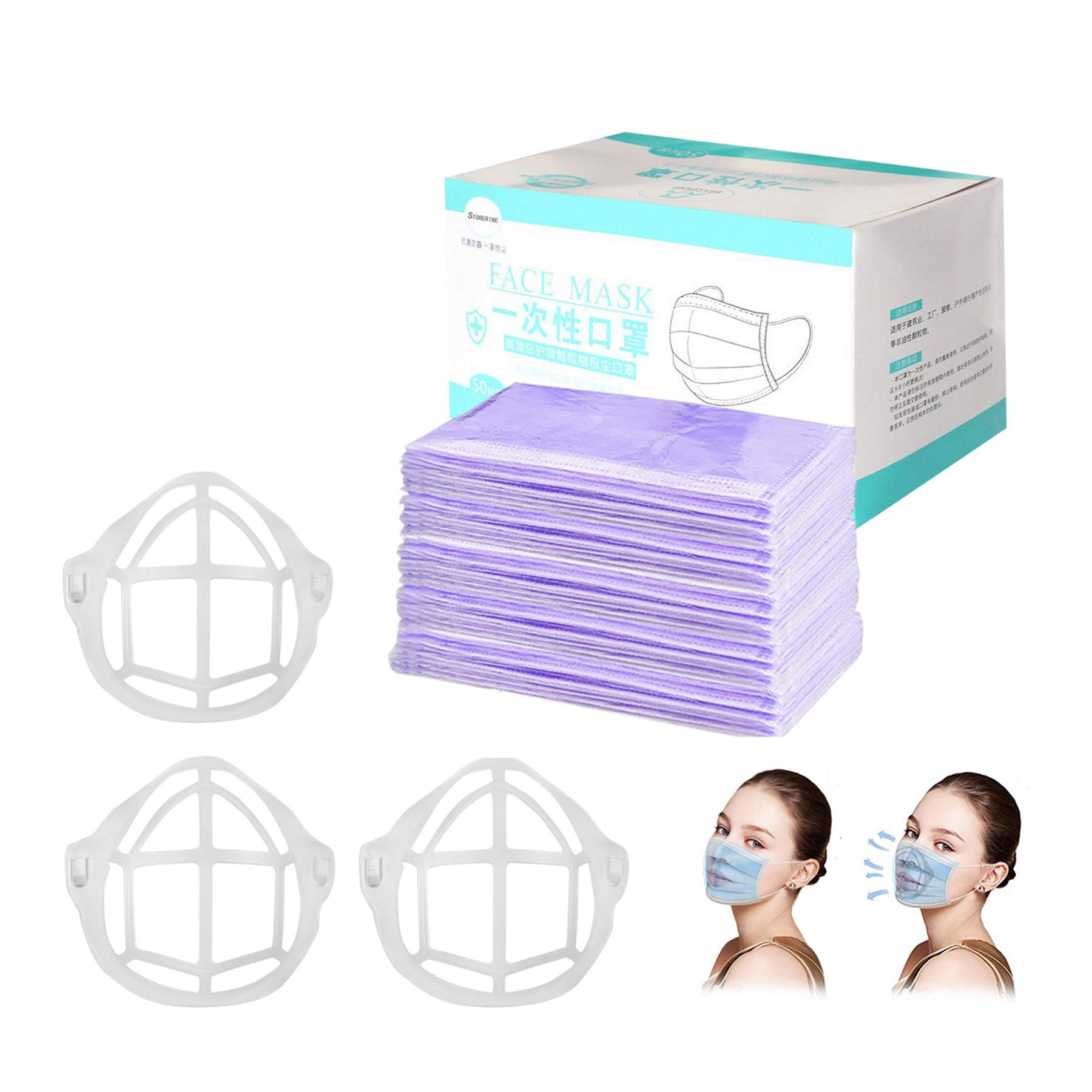 Adults Individually Wrapped Disposable Face Macks - 50 Pack - Soft on Skin - 3 Ply Elastic Earloops Bandanas Daily with Brackets (50, Purple)