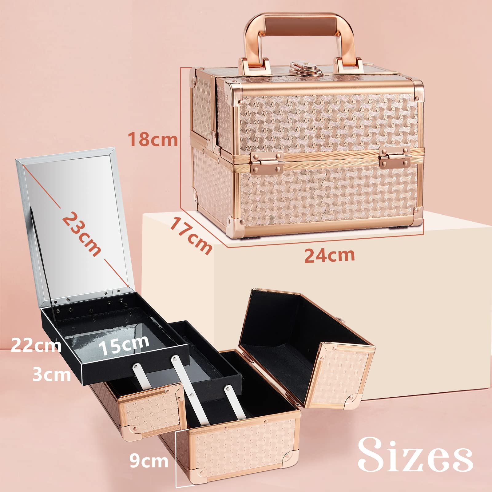 Joligrace Vanity Case - Scatola per trucchi e cosmetici, organizer per trucchi e gioielli, con specchio, chiudibile a chiave, Oro rosa, Classico
