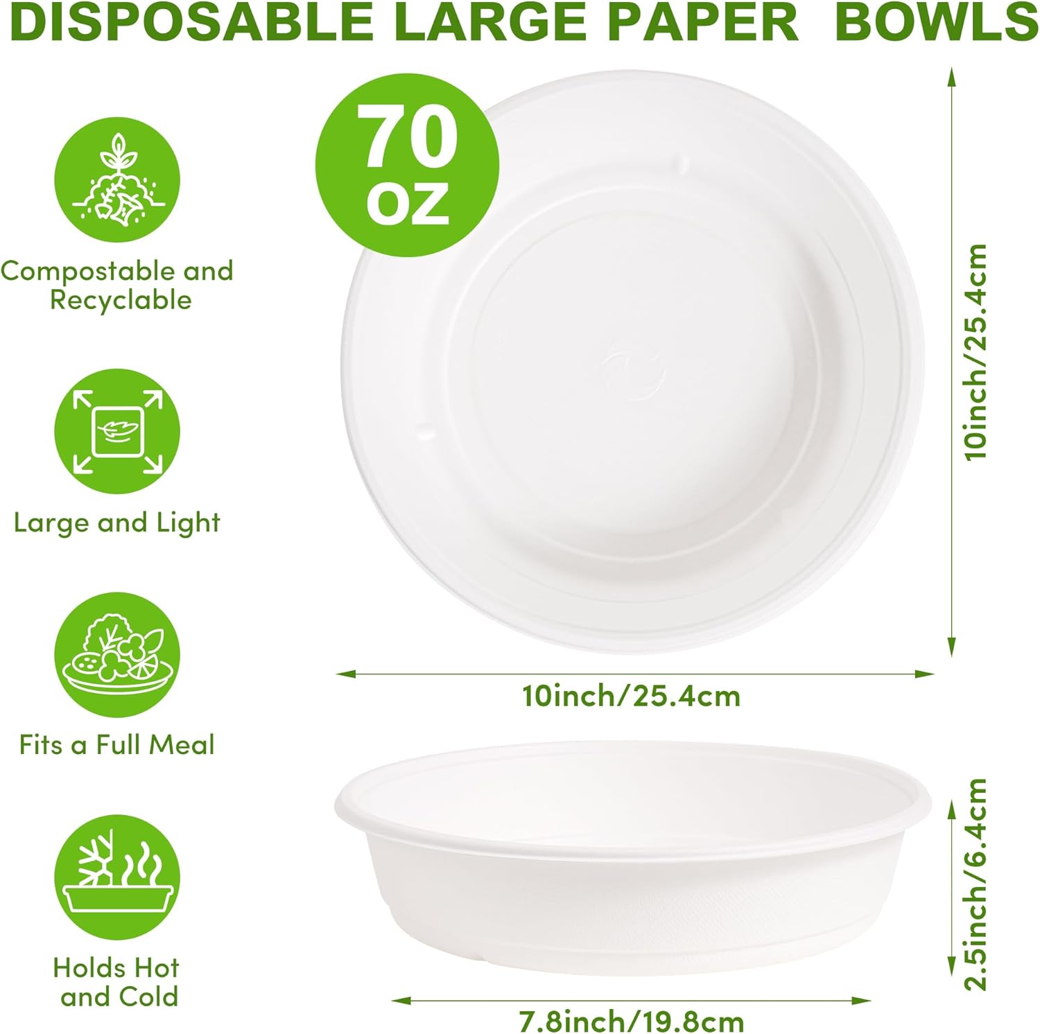 50-Pack 70oz Extra Large Disposable Paper Salad Bowls, Heavy Duty Sugarcane Fiber Paper Serving Bowls for Pasta, Soup & Party Sharing, Microwave Safe